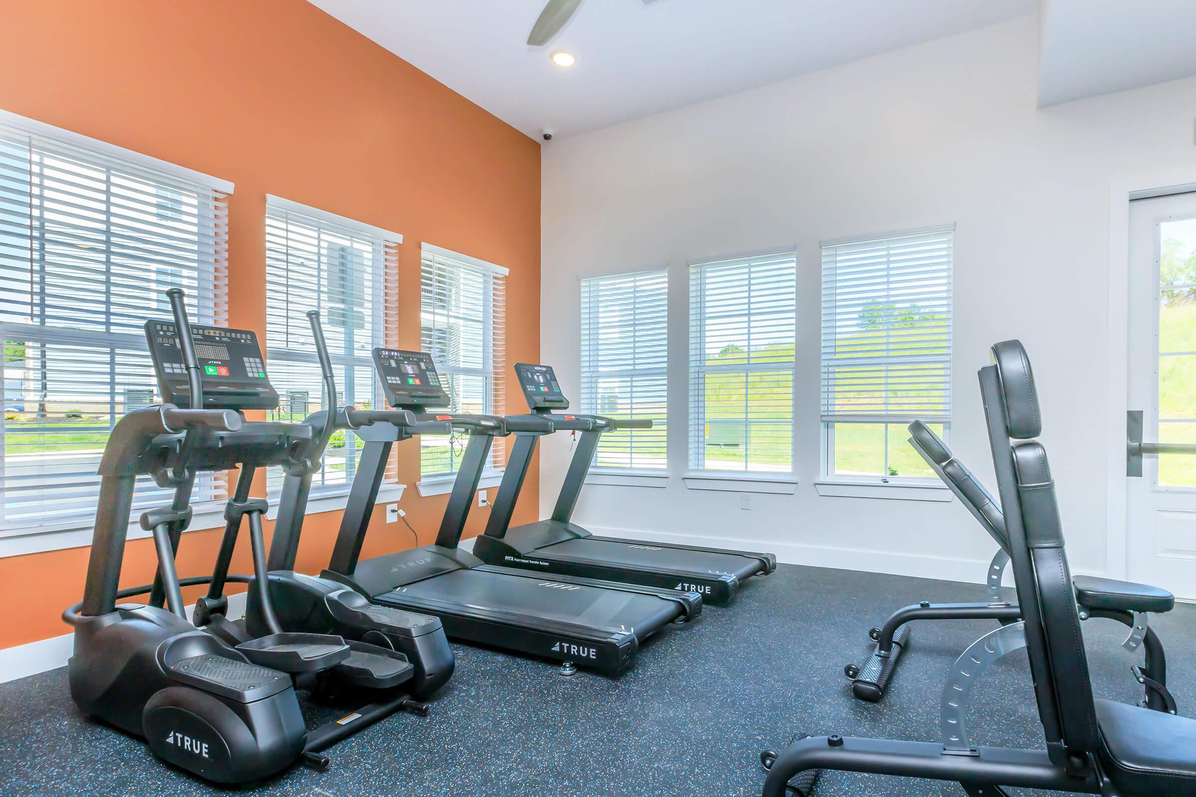 A spacious gym area featuring three ellipticals and a stationary bike on a rubber floor. The walls are painted in a warm orange color, while large windows allow natural light to fill the room. The atmosphere is bright and inviting for a workout.