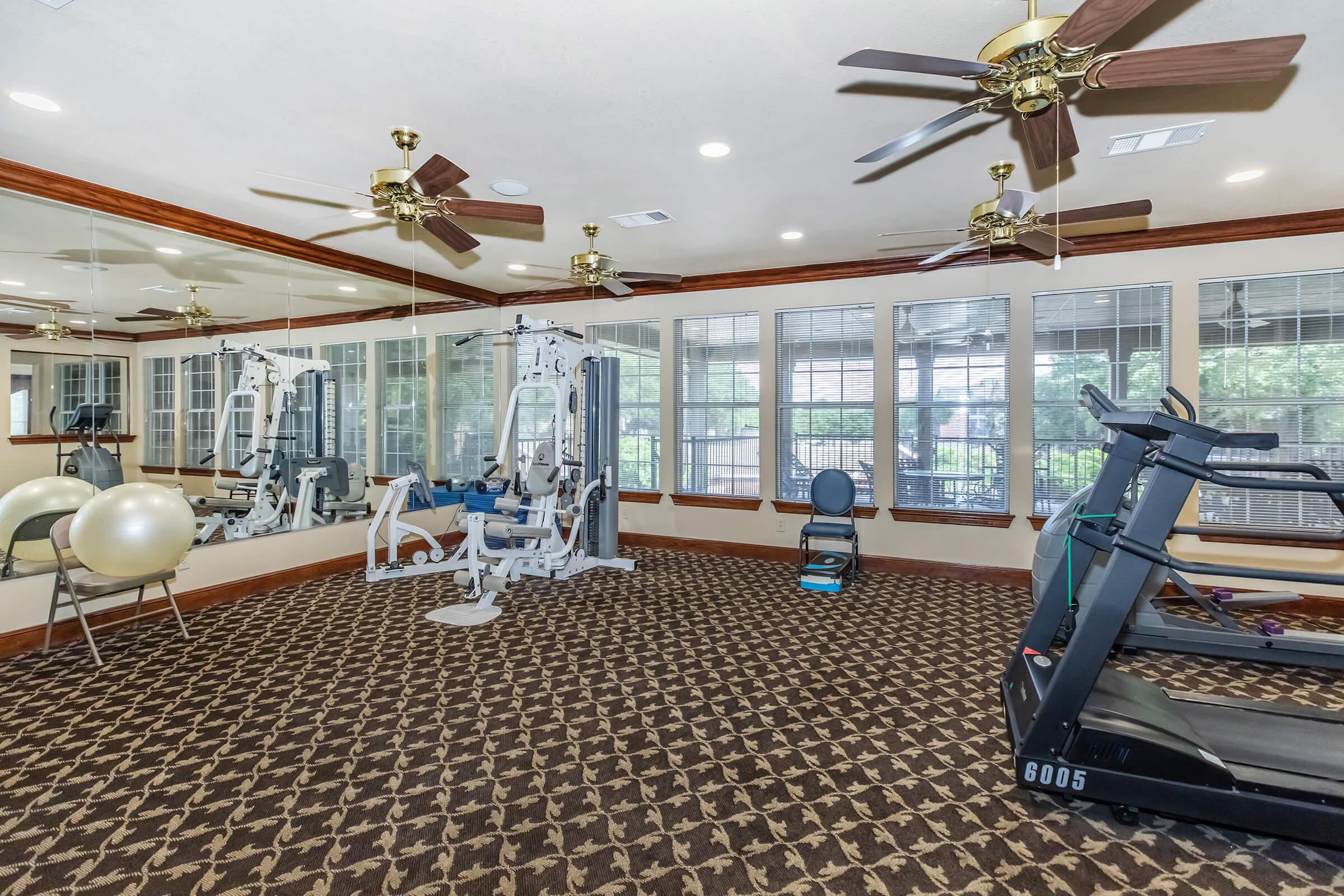 A well-lit indoor gym featuring exercise equipment including a treadmill, weight machine, stability ball, and exercise mats. The room has several windows allowing natural light in, hardwood accents, and ceiling fans for ventilation, with a patterned carpet adding to the decor.