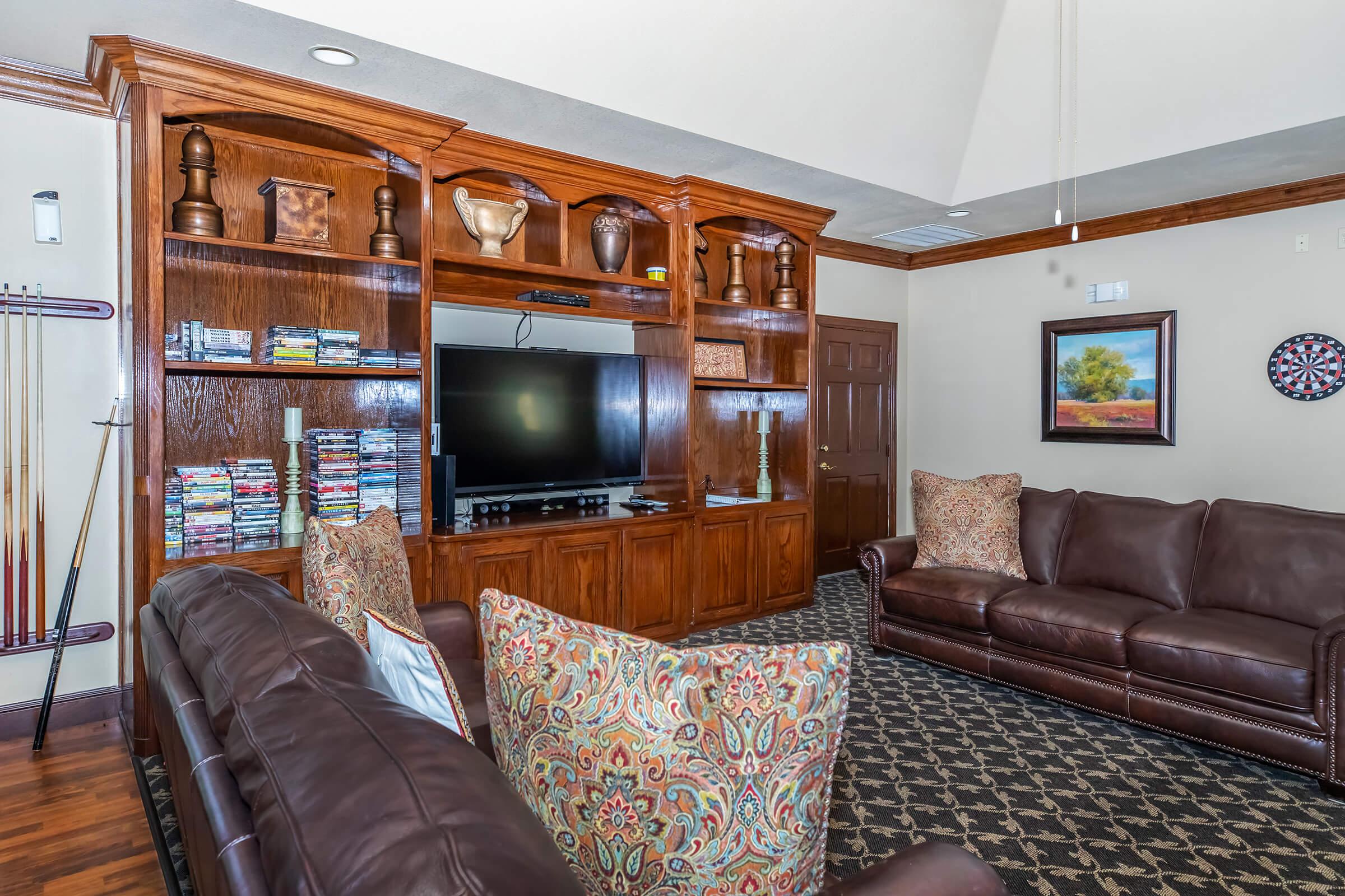 A cozy living room featuring a wooden entertainment center with a large TV and a collection of DVDs. There are two comfortable leather sofas adorned with colorful patterned pillows. The room has a dark patterned carpet and decorative items on the shelves, creating a welcoming atmosphere. A door and dartboard are visible in the background.