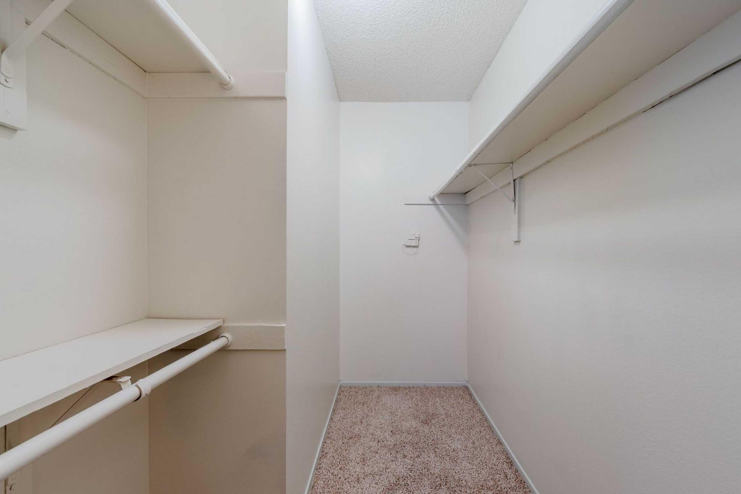 Empty walk-in closet featuring white walls, a carpeted floor, and shelving on one side. The space is well-lit and organized, with a minimalist design, providing ample room for storage.