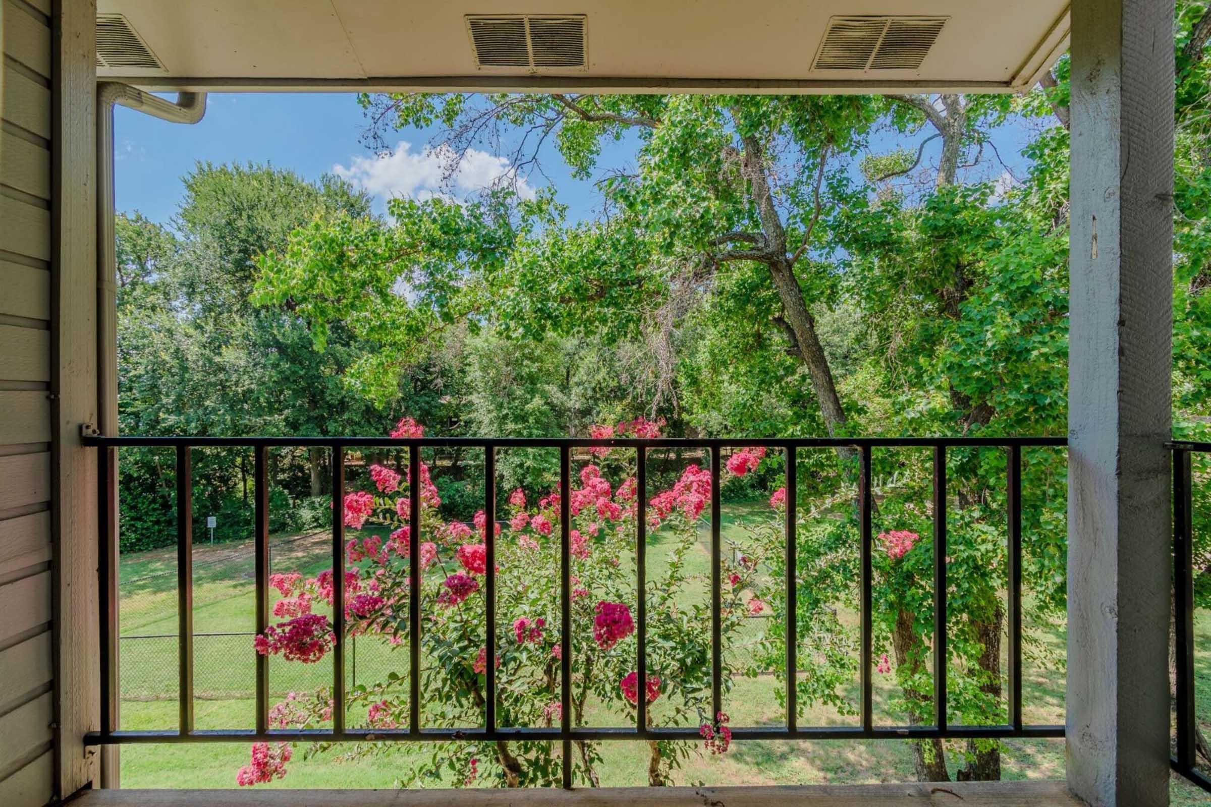 A balcony view featuring a black railing with vibrant pink flowers in the foreground, framed by lush green trees and a clear blue sky. The scene captures a serene, natural landscape, inviting a sense of tranquility and connection with the outdoors.