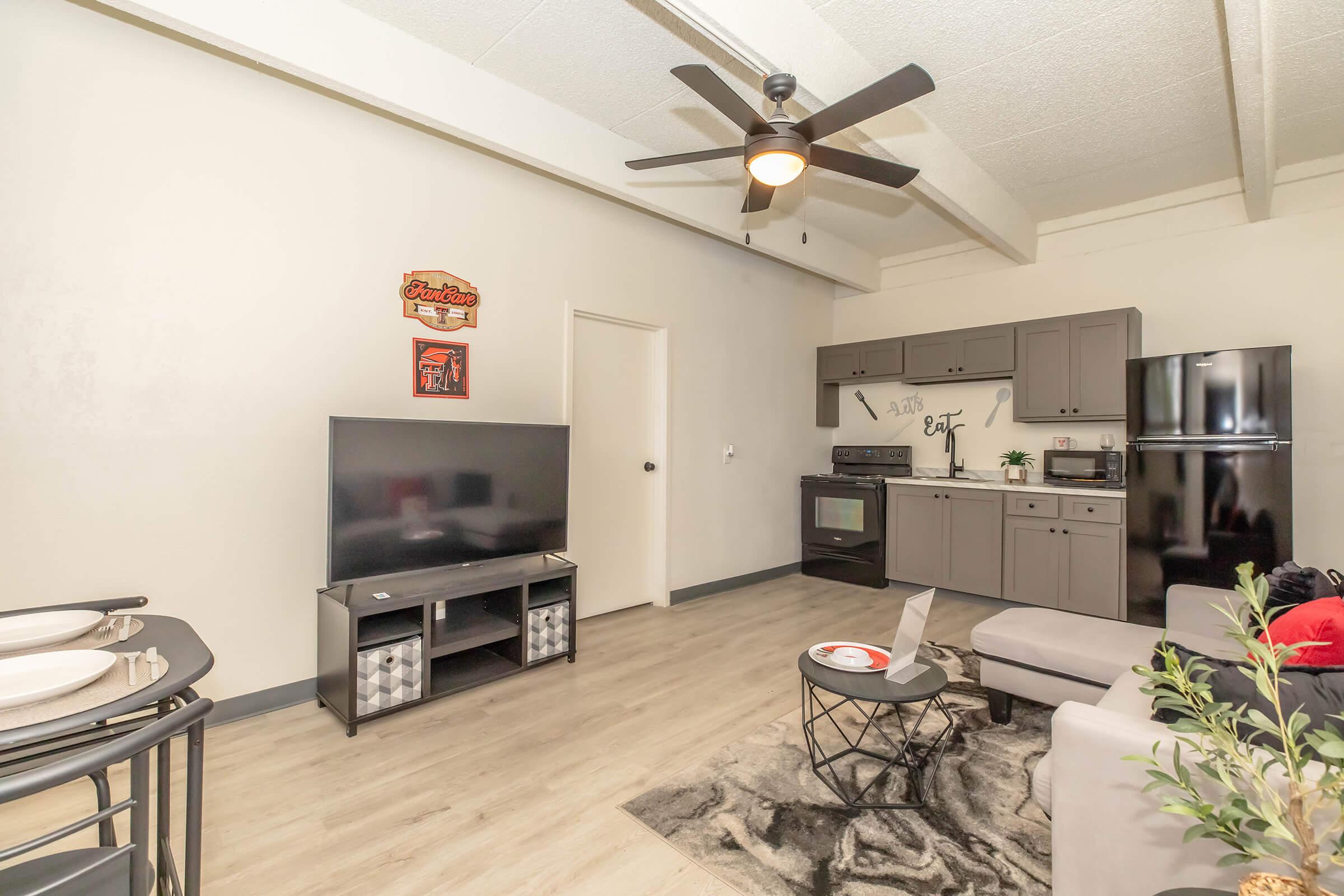A modern living room featuring a sleek gray kitchen with appliances, a flat-screen TV on a media console, a comfortable gray sofa, and a stylish coffee table. The room is well-lit with a ceiling fan, and decorative elements include wall art. The flooring is a light wood finish, creating a cozy atmosphere.