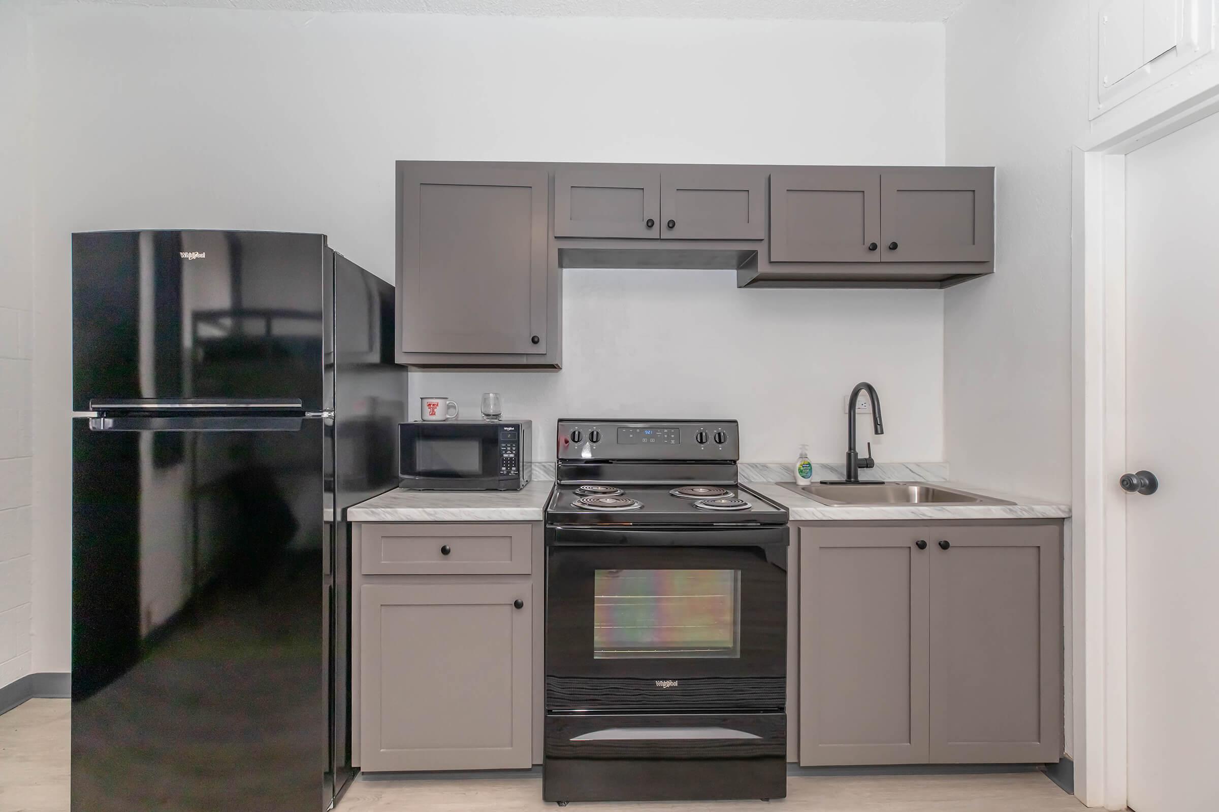 Modern kitchen featuring dark gray cabinets, a black refrigerator, a microwave, and a black stove with an oven. The countertop has a stainless steel sink with a faucet. The walls are light-colored, creating a bright and clean atmosphere.