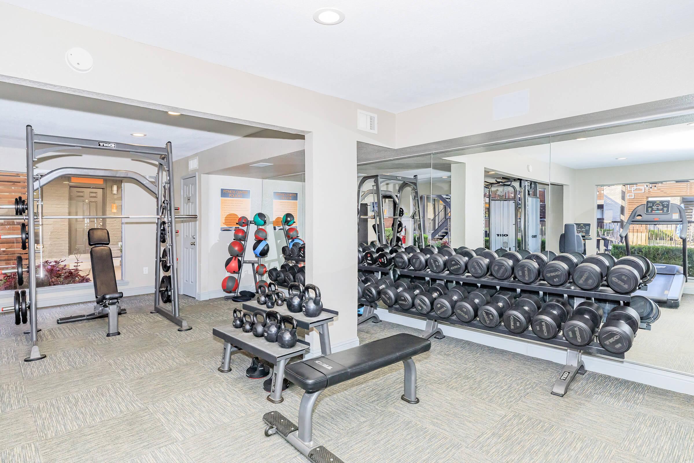 A modern gym space featuring a variety of weightlifting equipment, including a multi-station weight machine, a bench, and a rack of dumbbells. The room is well-lit with mirrors on one wall and equipped with exercise mats, creating an inviting environment for workouts.