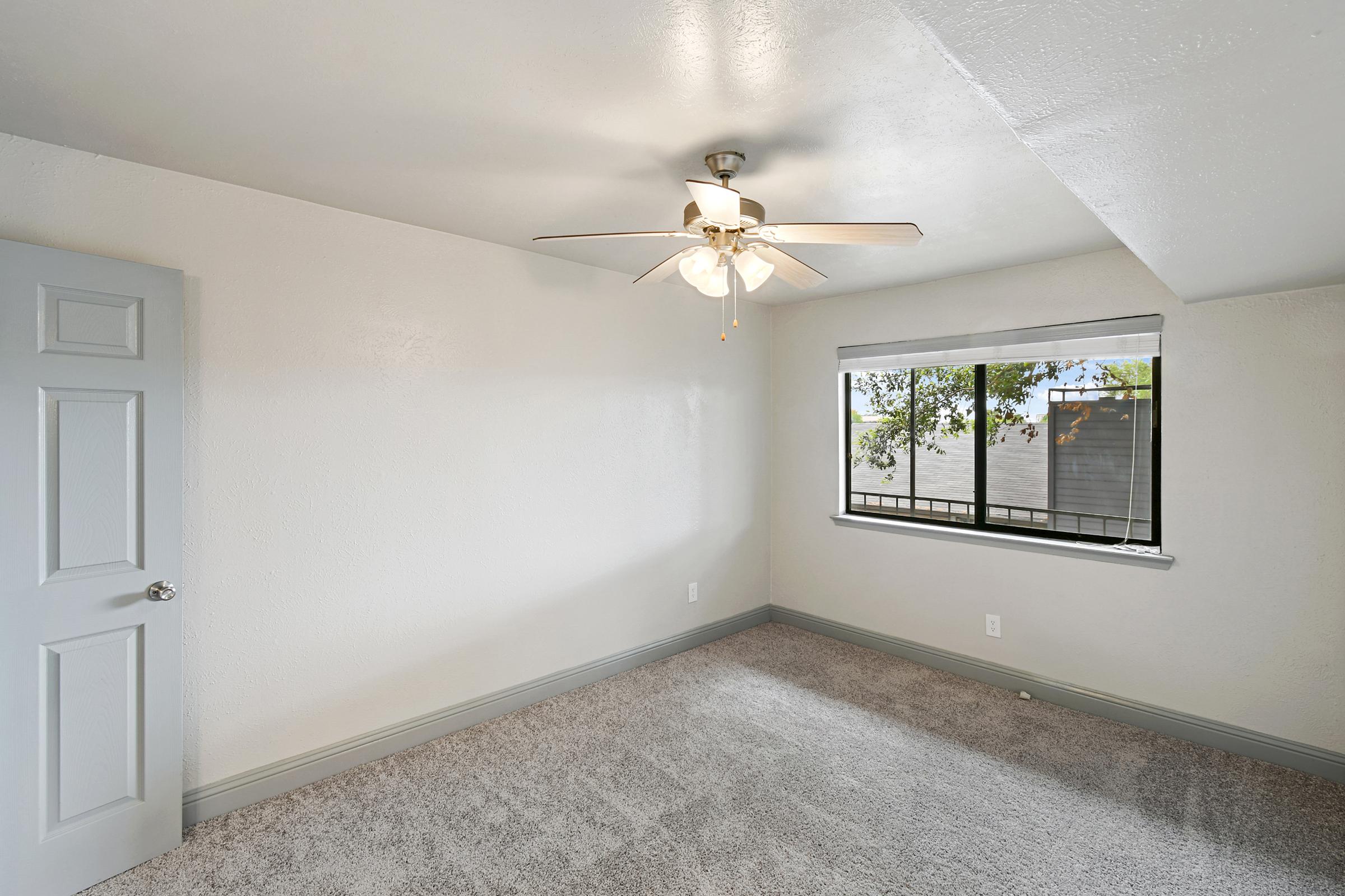 A well-lit room with beige carpet and a ceiling fan. The walls are painted in a light color, and there’s a window with black frames allowing natural light. A grey door is visible on one side. The room appears freshly painted and is empty, ready for furnishing.