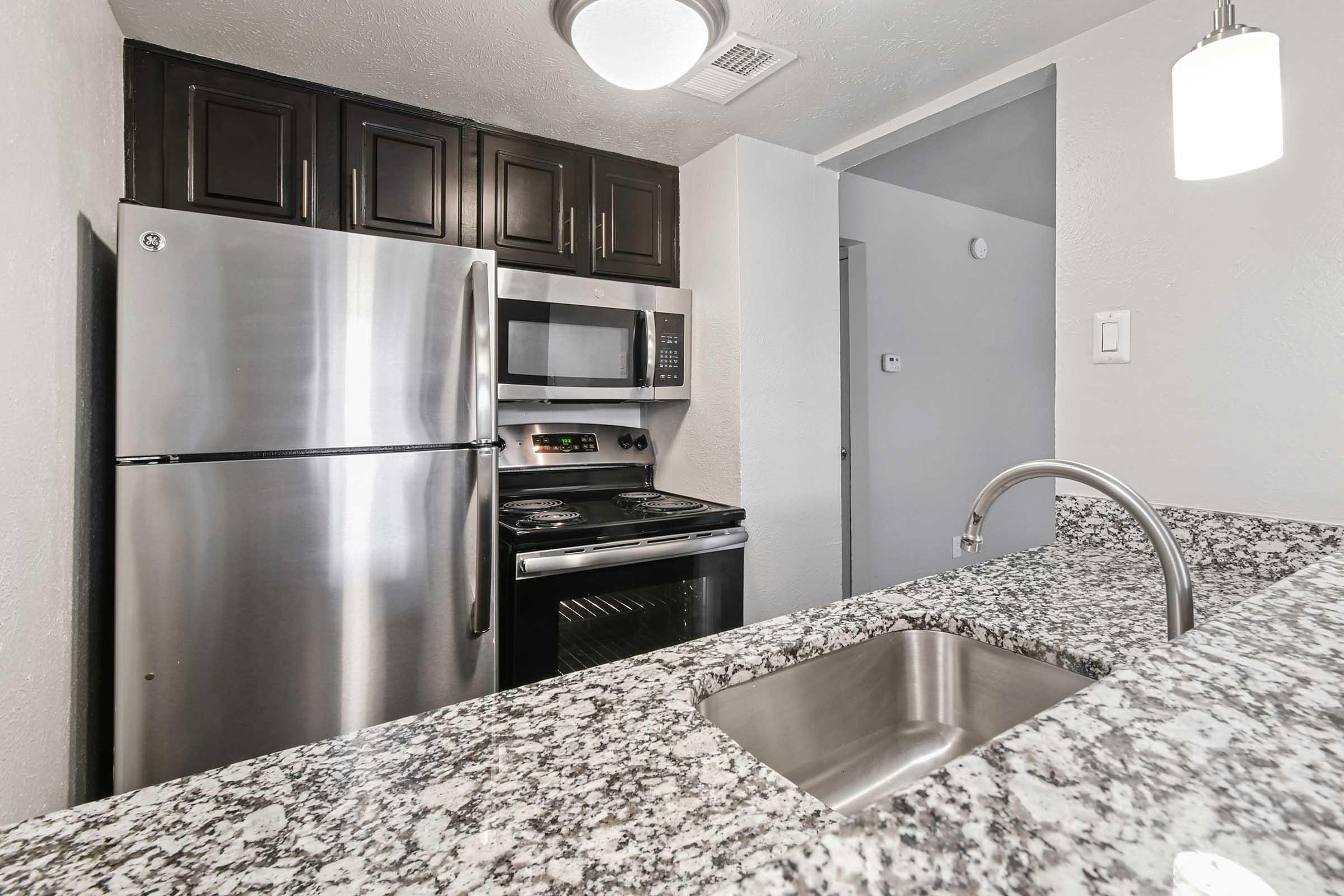 A modern kitchen featuring stainless steel appliances, including a refrigerator, microwave, and oven. The countertops are made of granite, and there is a contemporary sink with a high-arc faucet. Dark wood cabinets provide storage, and the space is well-lit with overhead lighting.