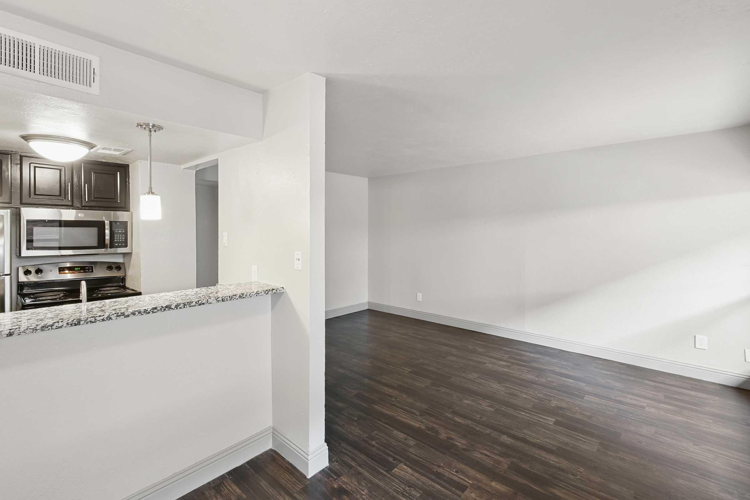 Interior of a modern apartment showcasing a spacious living area with dark wood flooring, a light-colored wall, and a kitchen area featuring granite countertops, stainless steel appliances, and a pendant light. Natural light brightens the space, creating an inviting atmosphere.