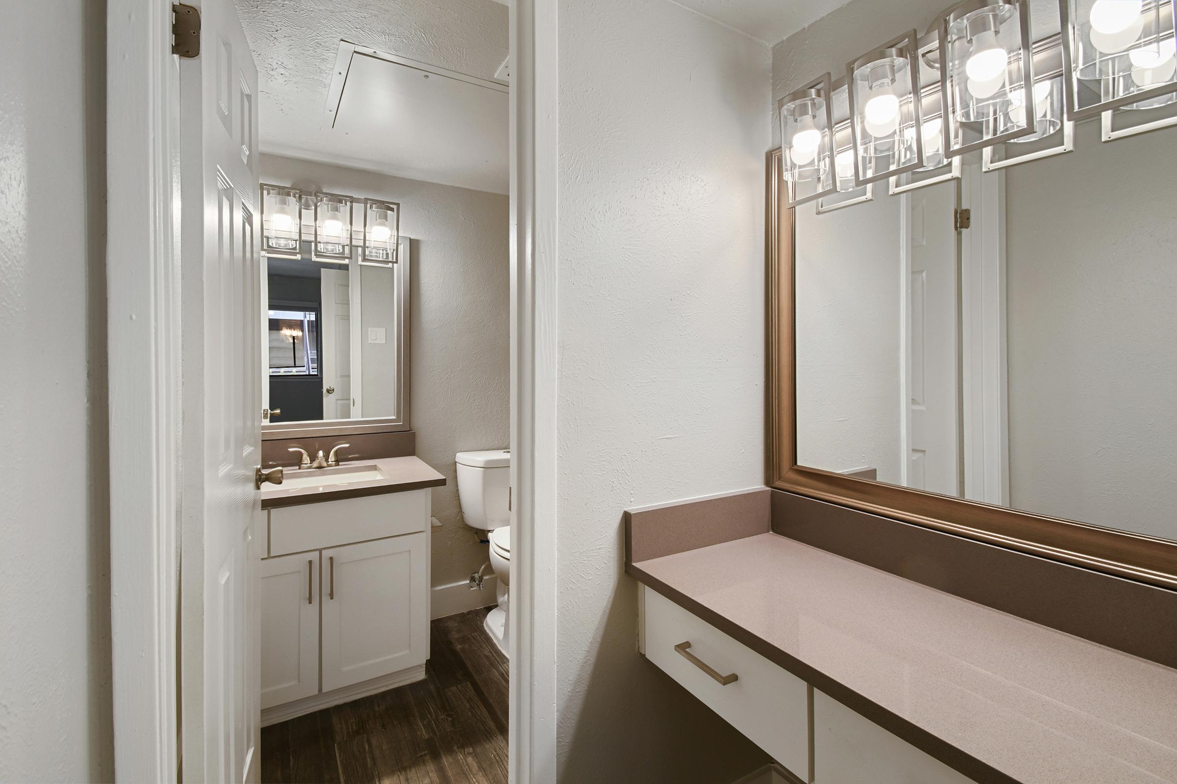 A well-lit bathroom featuring a vanity with a large mirror, a sink, and modern lighting fixtures. The room has light-colored walls, a toilet in the corner, and a neutral-toned countertop. The layout is clean and contemporary, providing a sense of spaciousness.