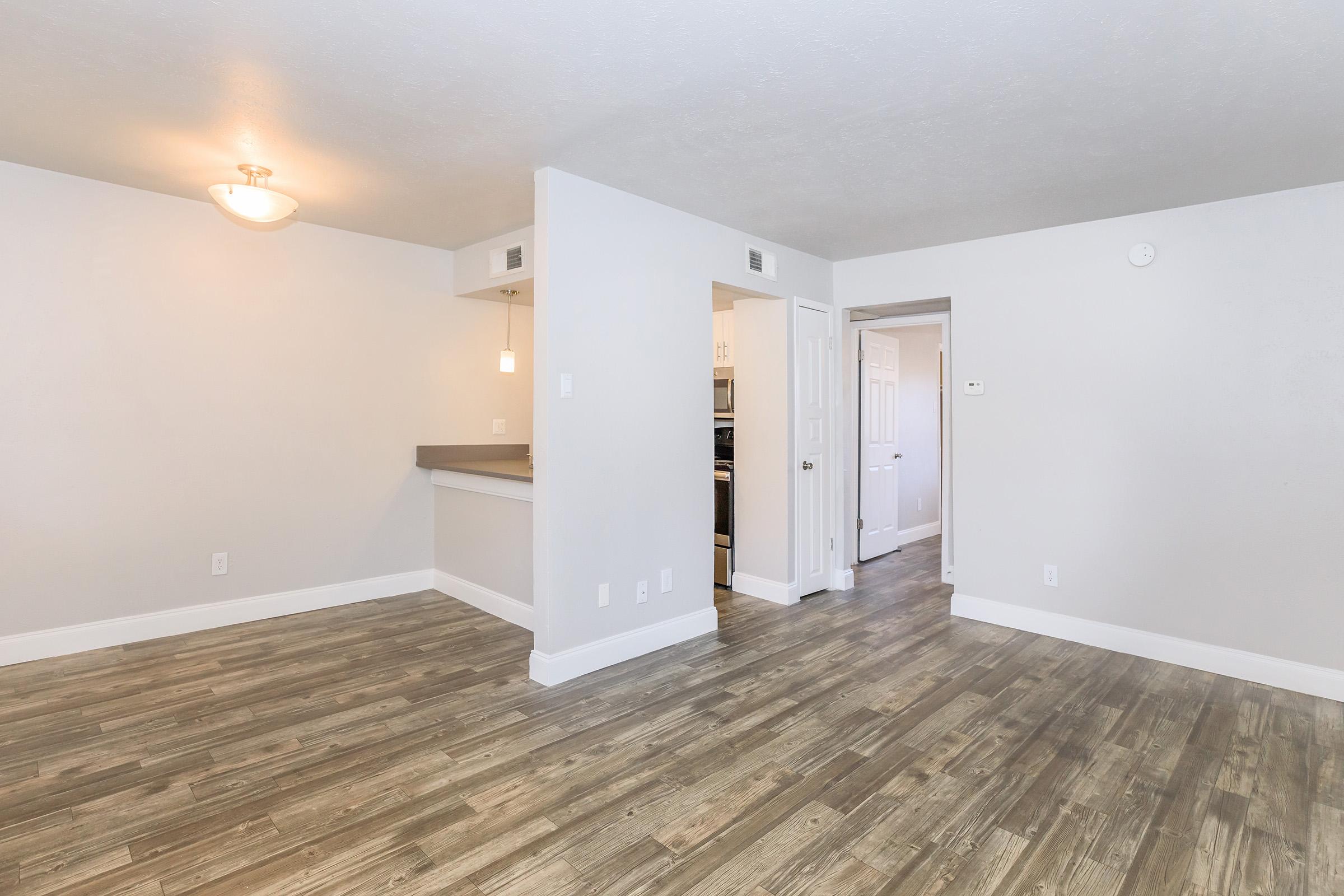 A modern, spacious living area with light grey walls and wood-look flooring. The room features a ceiling light fixture and an open layout leading to a kitchen area. A door on the right leads to another room. The overall atmosphere is bright and inviting, perfect for comfortable living.