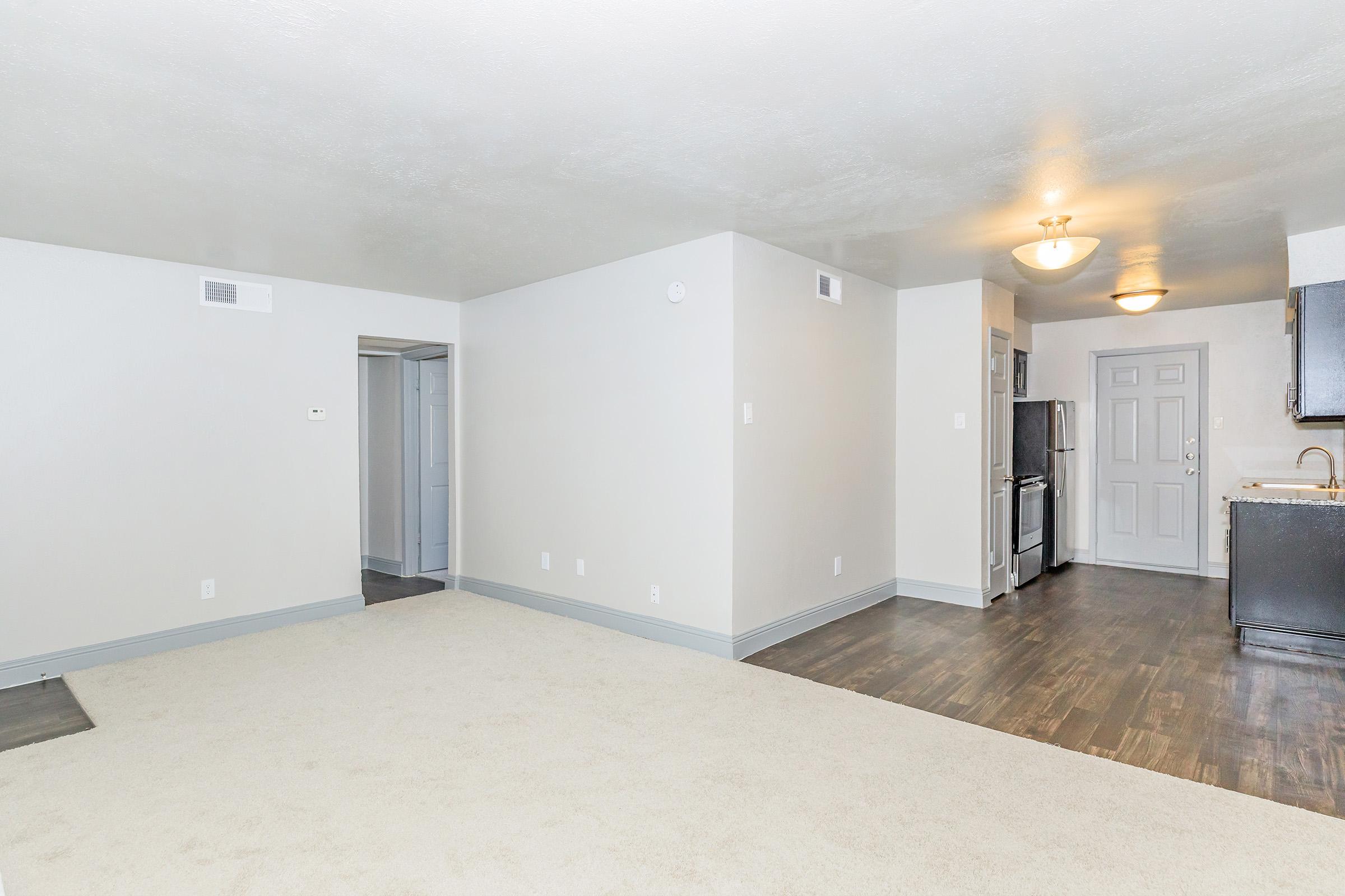 Spacious, modern apartment interior featuring a light-colored carpeted living area, adjacent kitchen with dark cabinetry, and a doorway leading to another room. The walls are painted in neutral tones, and there are ample light fixtures for bright illumination.