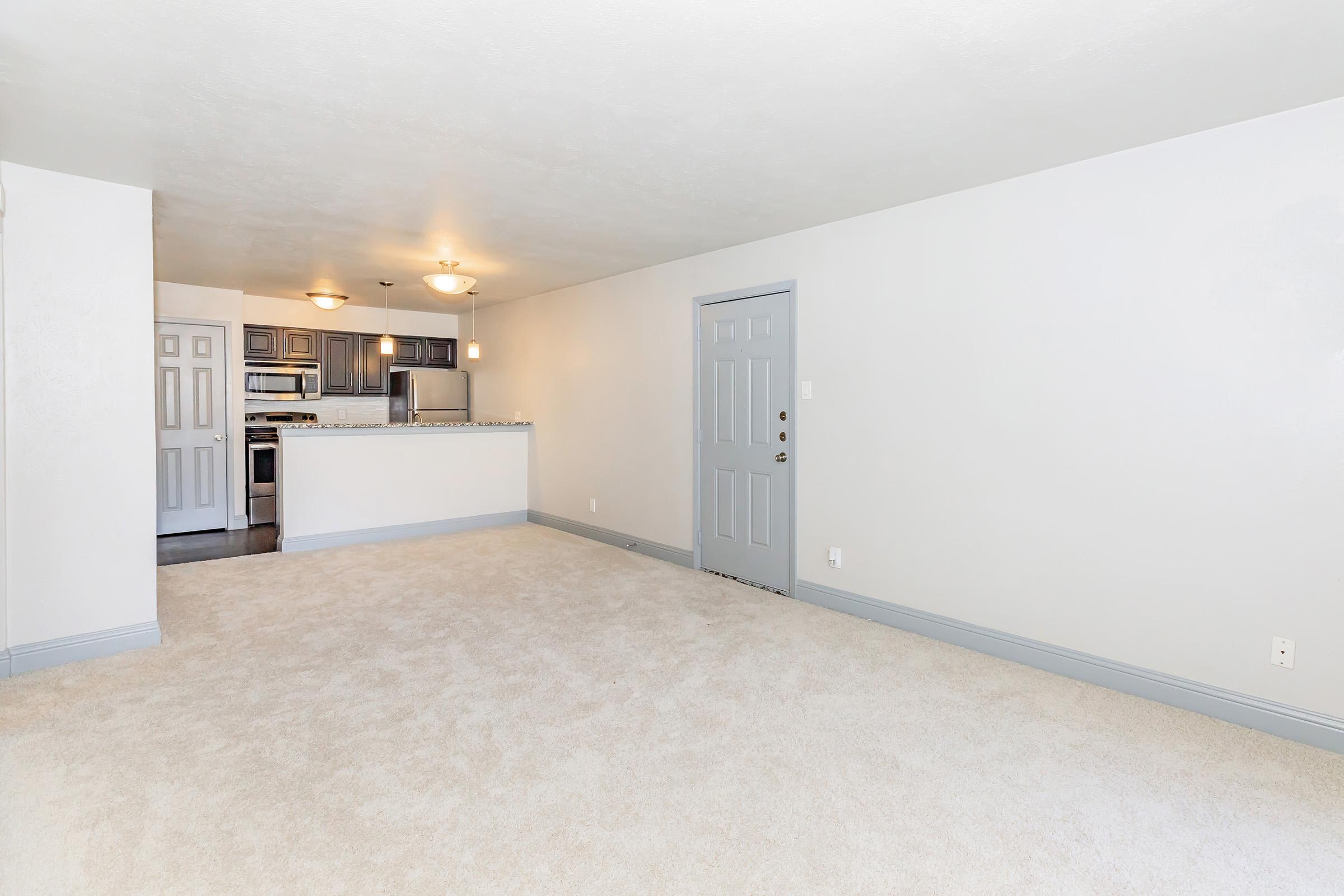 A spacious, empty living room with light beige carpet and neutral-colored walls. A doorway leads to a kitchen area, which features dark cabinets and stainless steel appliances. Natural light enters through a window, highlighting the clean and airy atmosphere of the space.