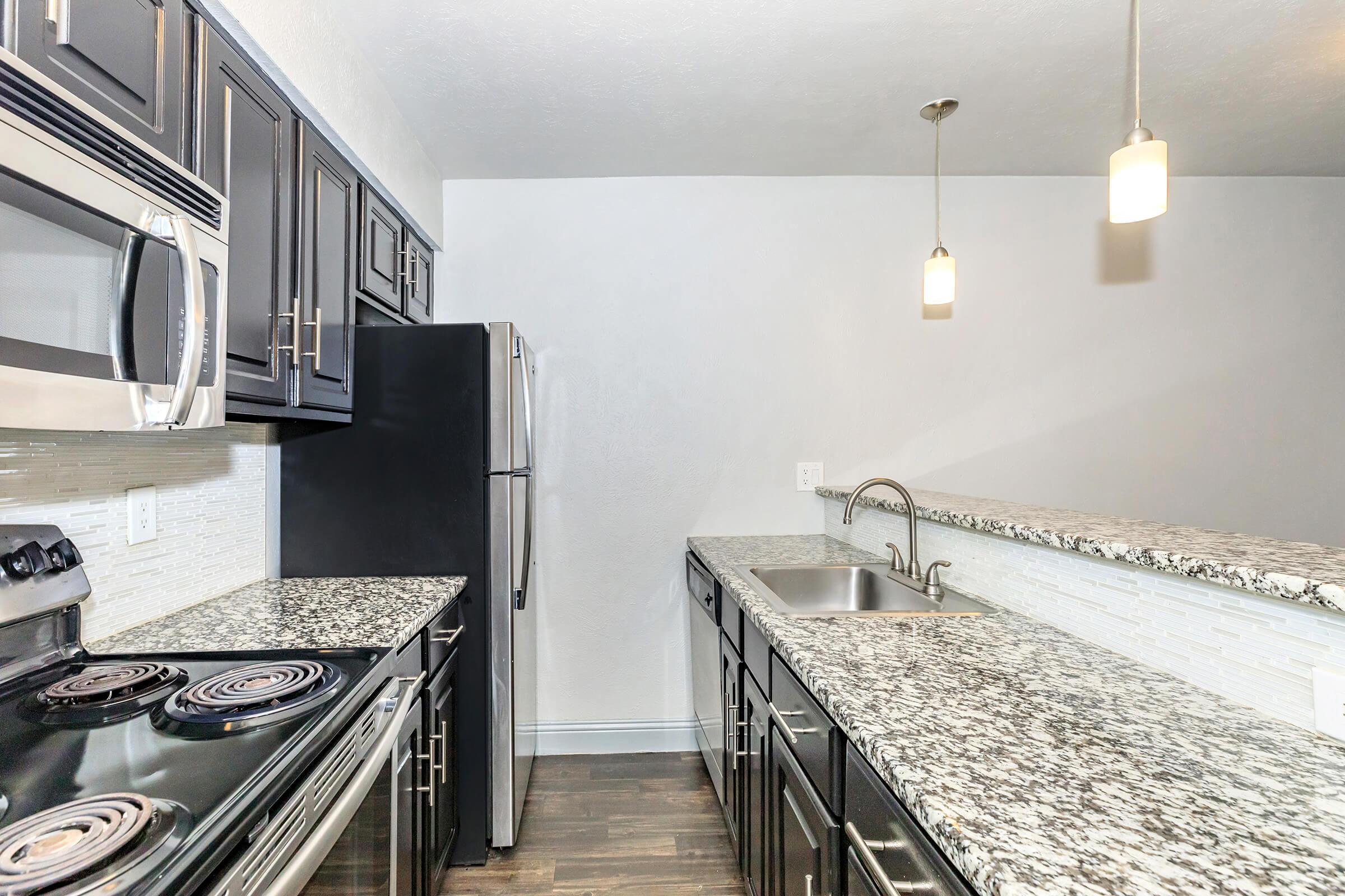 A modern kitchen featuring dark cabinetry, stainless steel appliances, and a granite countertop. The space includes an electric stove, a microwave, a refrigerator, and a double sink. Pendant lights hang from the ceiling, illuminating the area, which has a clean, sleek design with a light-colored wall.