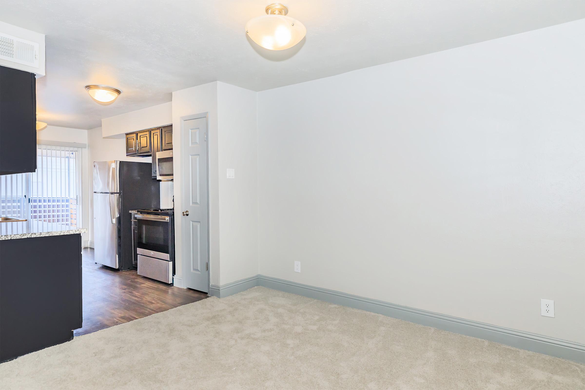 A view of a modern apartment interior featuring a spacious living area with beige carpet, light gray walls, and a door leading to a kitchen area. The kitchen includes dark cabinetry and stainless steel appliances. Natural light enters through a window, enhancing the bright, welcoming atmosphere.
