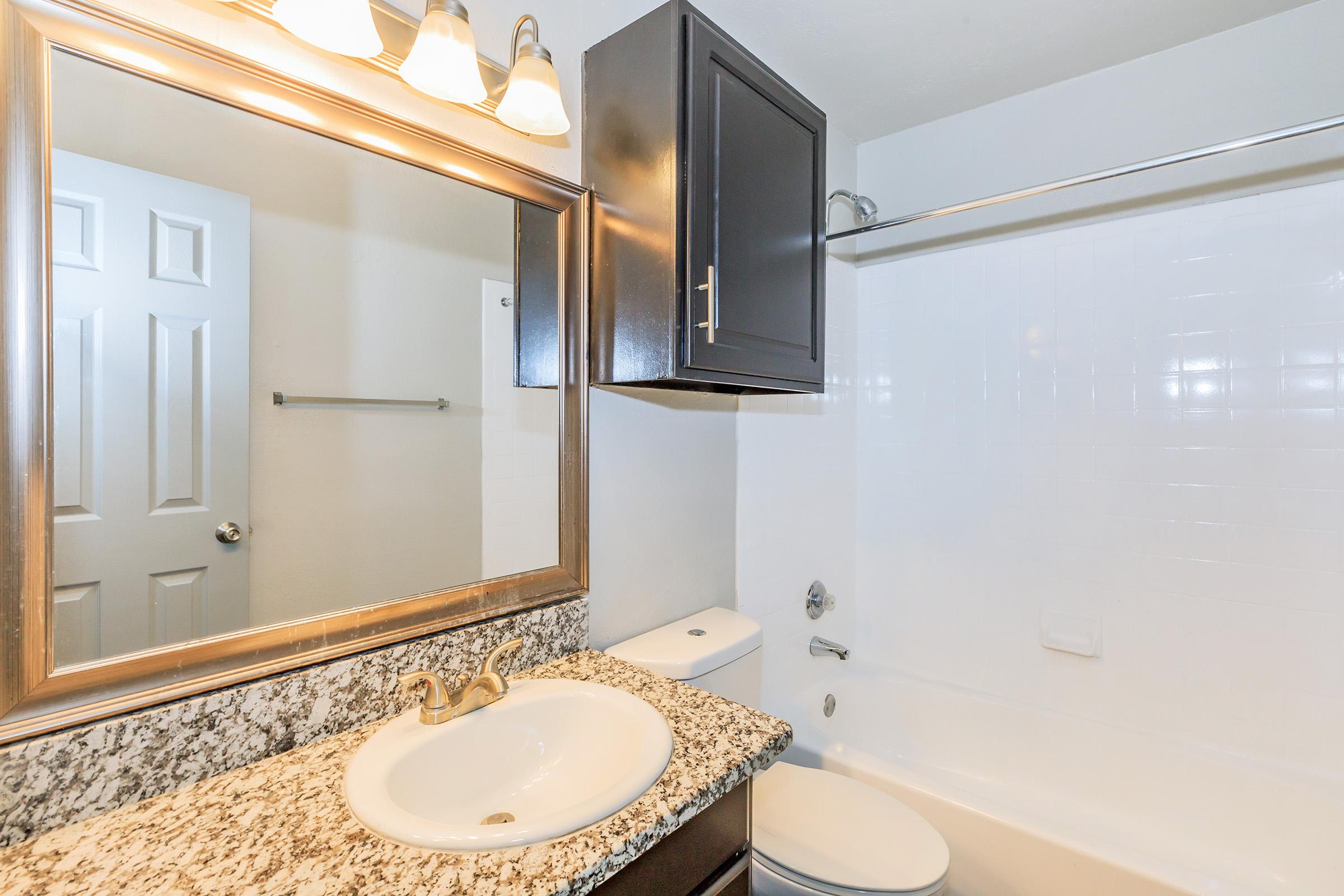 A well-lit bathroom featuring a bathtub and shower combo, a white toilet, and a dark wood vanity with a granite countertop. A large mirror above the sink is framed in a silver border, and a small cabinet is mounted above the vanity. The walls are painted white, and a towel rack is visible on the left.