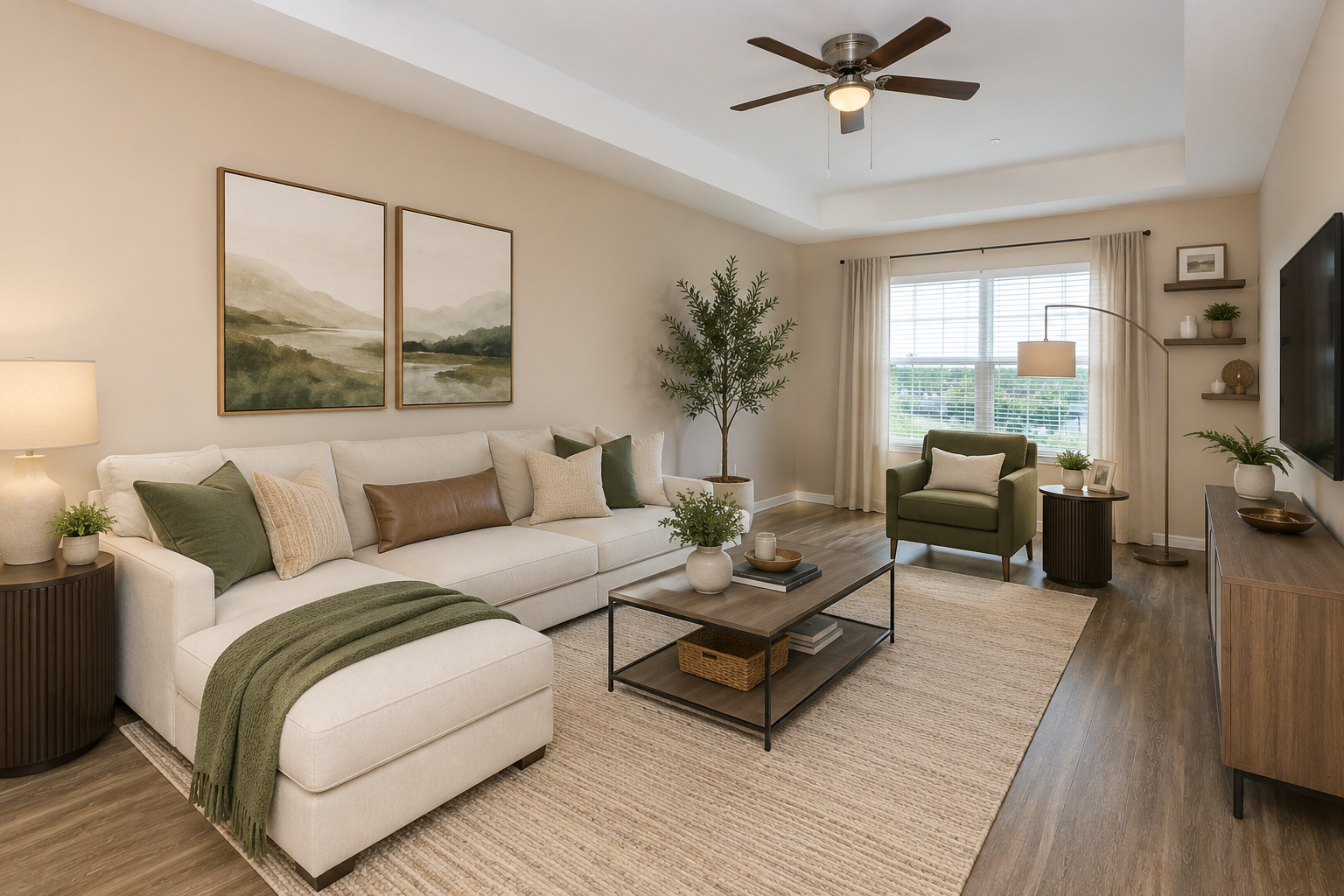 A modern, cozy living room featuring a light-colored sectional sofa with various decorative pillows. There's a green throw blanket on the sofa, an area rug on the wooden floor, and a coffee table with decor. A window with sheer curtains allows natural light, and plants add freshness to the space.
