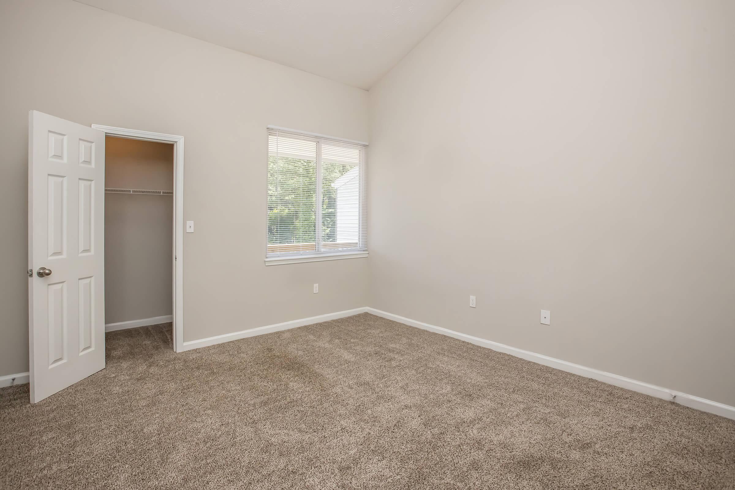 A vacant room with light beige walls and carpeted flooring. The room features a large window allowing natural light, a closed door leading to a closet, and minimal furnishings, creating a spacious and airy feel.