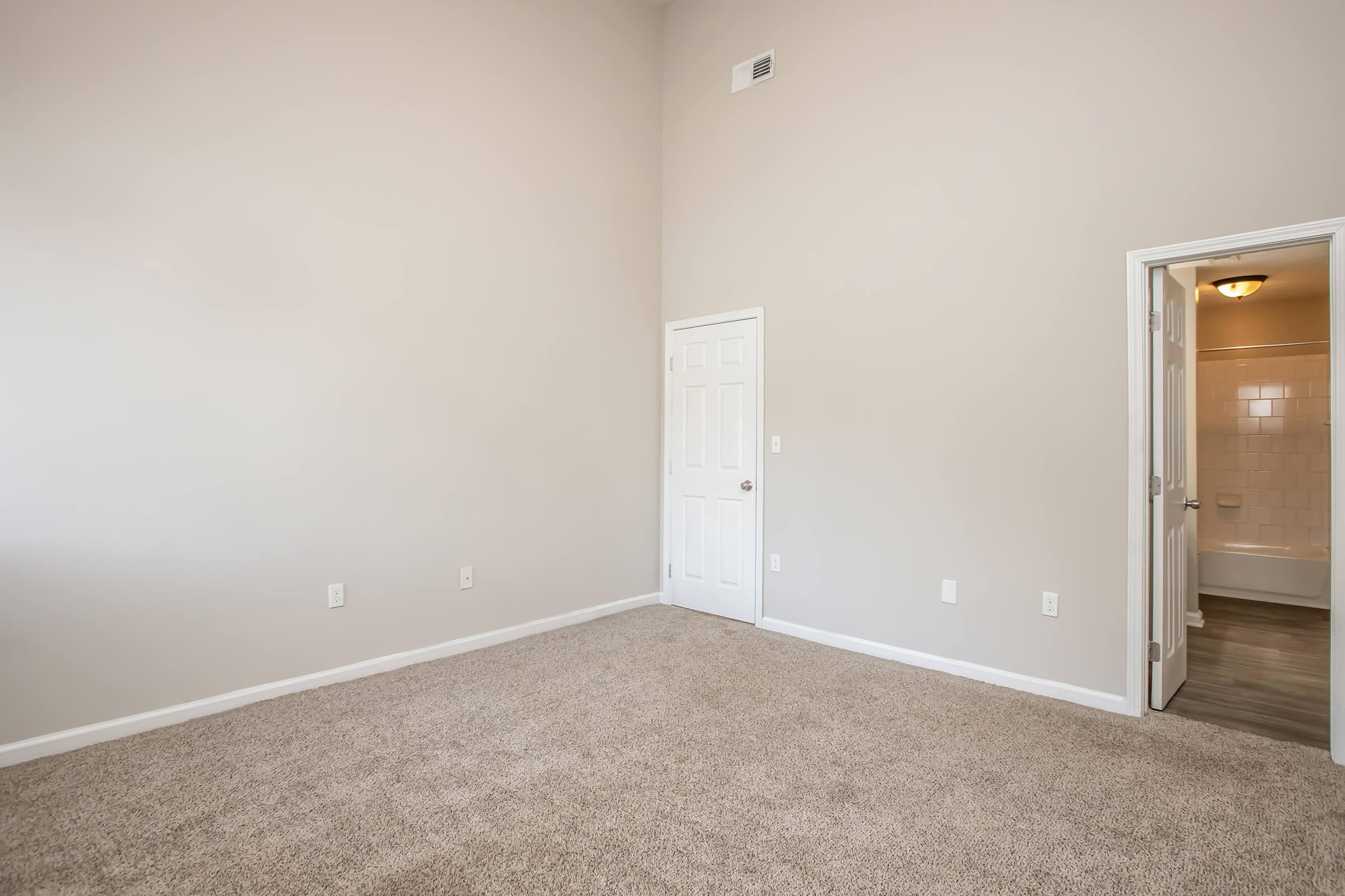 Empty room with neutral-colored walls and carpeted floor. A closed white door is visible on one side, leading to a bathroom area that is partially seen. The space has high ceilings and ample natural light, creating a bright and open atmosphere.
