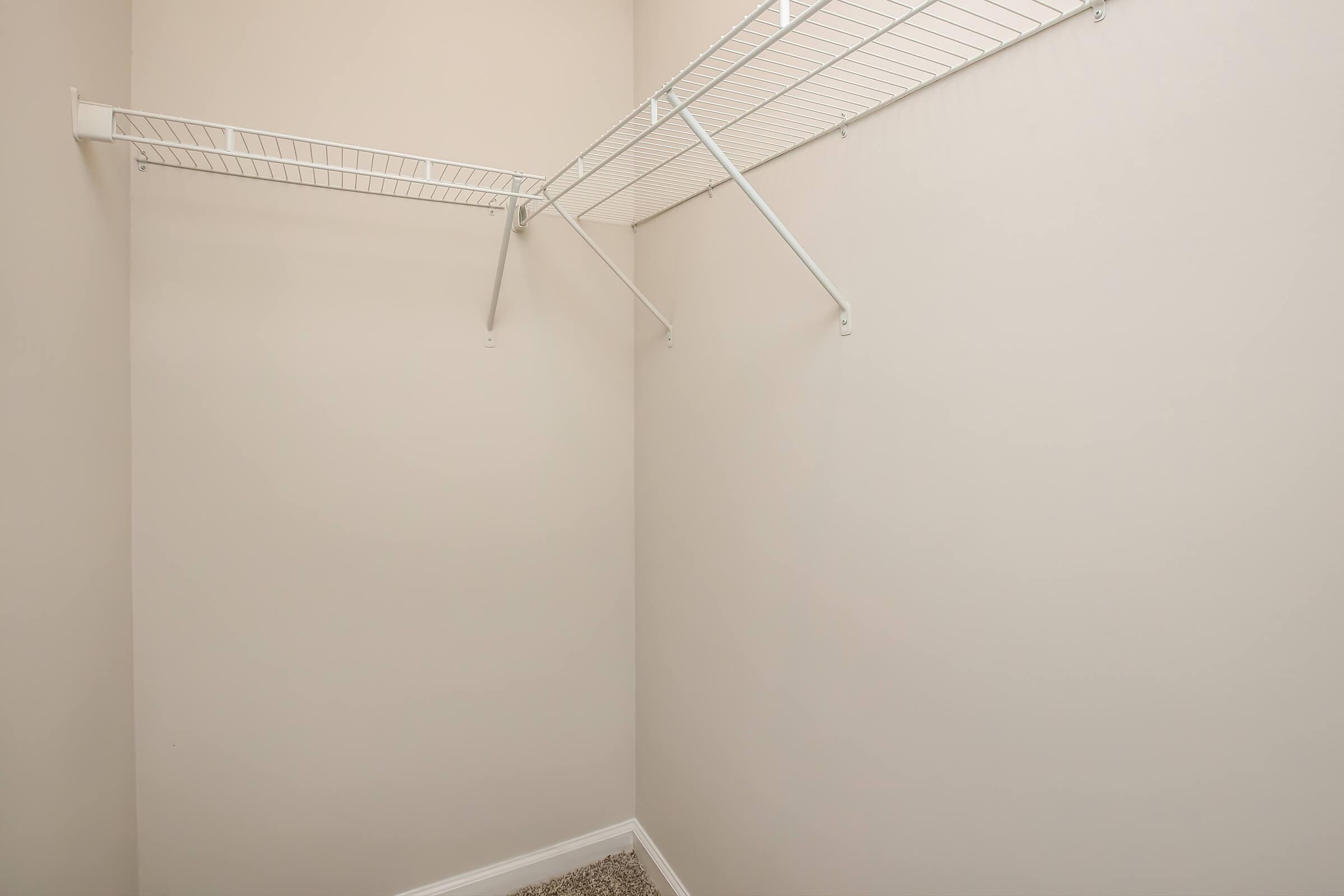 Empty closet with a beige wall and a wire shelving unit along the back and side. The floor is carpeted. There are no items or storage in the closet, creating a spacious and minimalistic appearance.