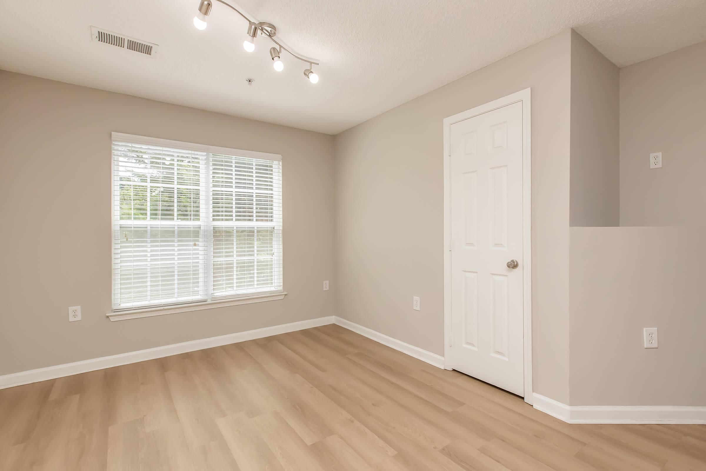 A well-lit, empty room featuring light-colored walls, hardwood flooring, and a large window with blinds. The room has a closet door and modern lighting fixtures on the ceiling, creating a bright and spacious atmosphere.