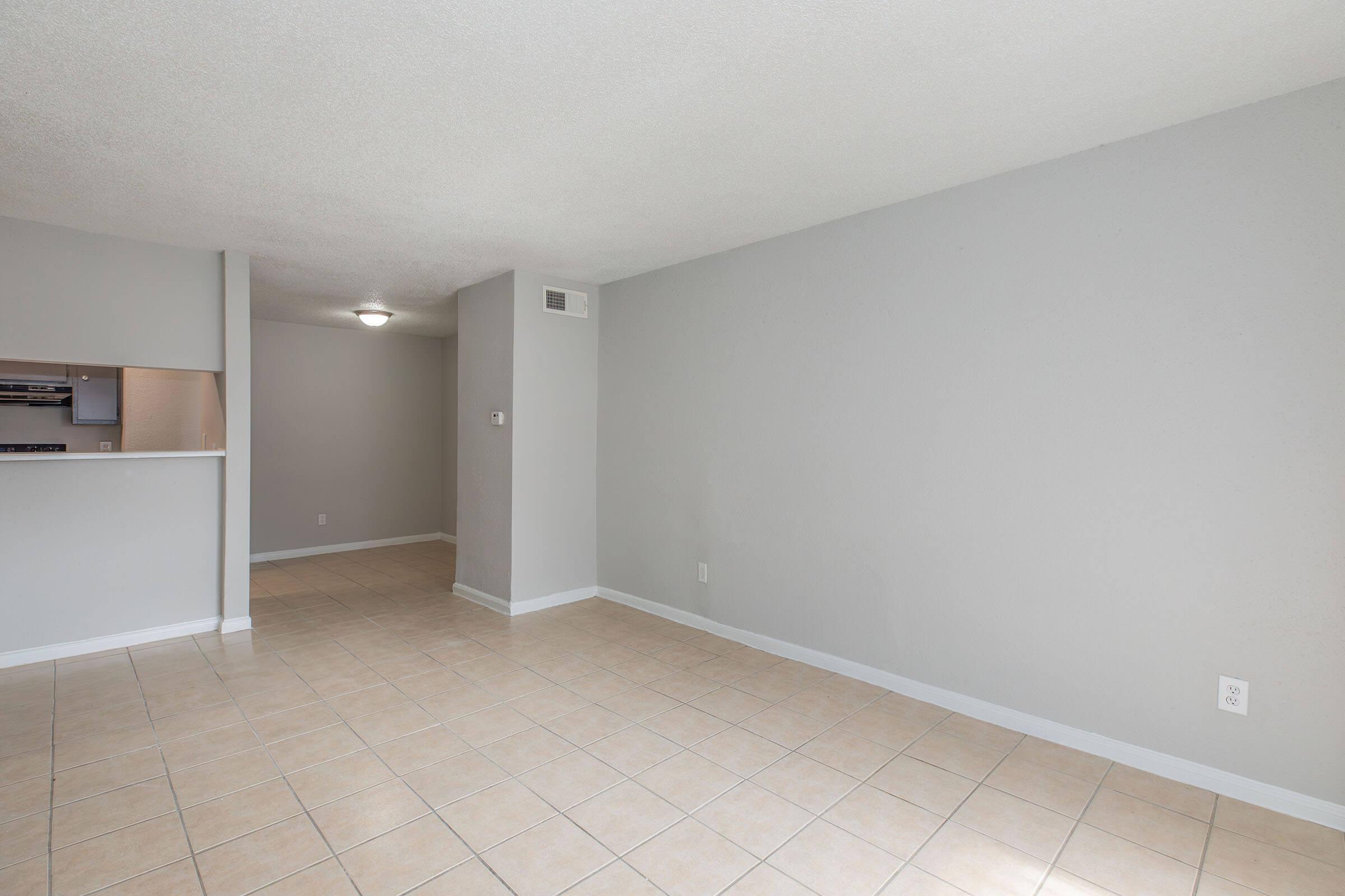 Spacious, empty living room featuring light gray walls and tile flooring. A semi-open layout leads to a kitchen area, with a softly lit ceiling light. The room is bathed in natural light, creating a bright and airy atmosphere, ideal for customization and personal décor.