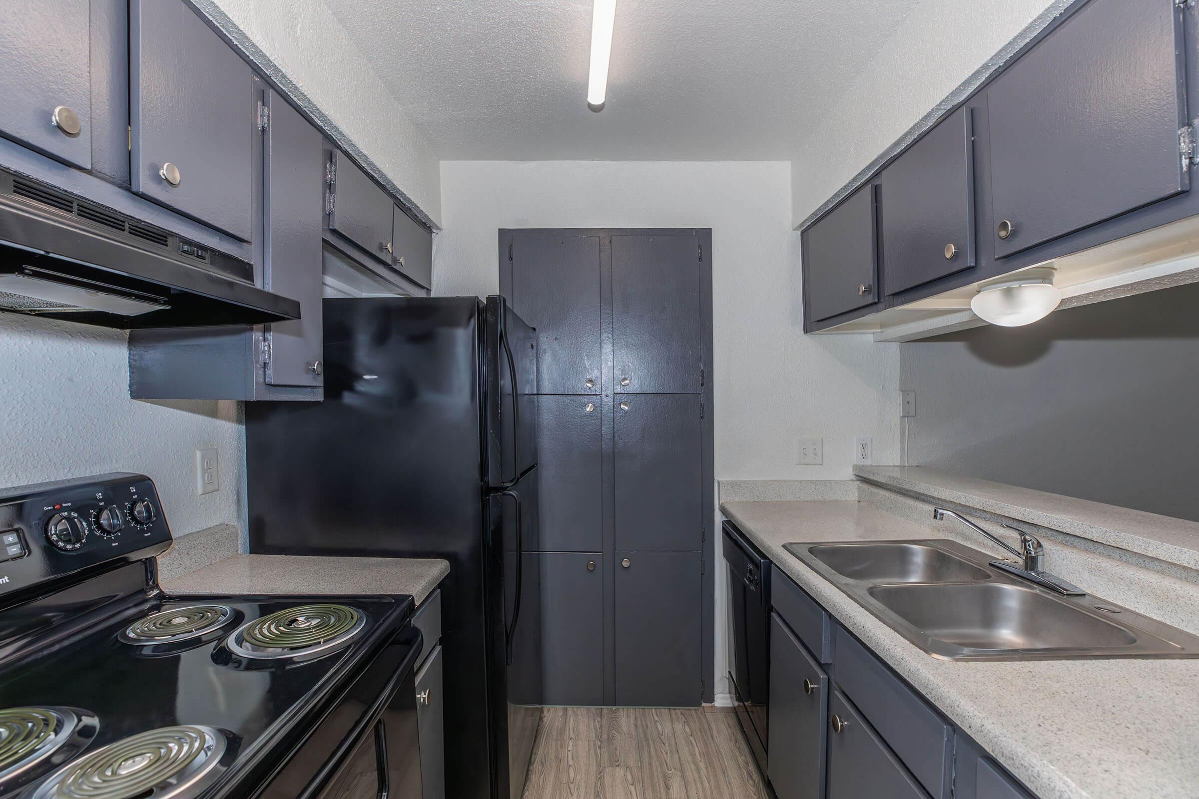 A modern kitchen featuring dark cabinetry, a black refrigerator, and an electric stove with a glass top. The countertops are light-colored, and there are dual sinks. A door leads to additional storage, and overhead lighting is provided by a fluorescent fixture. The flooring appears to be a light wood or laminate.