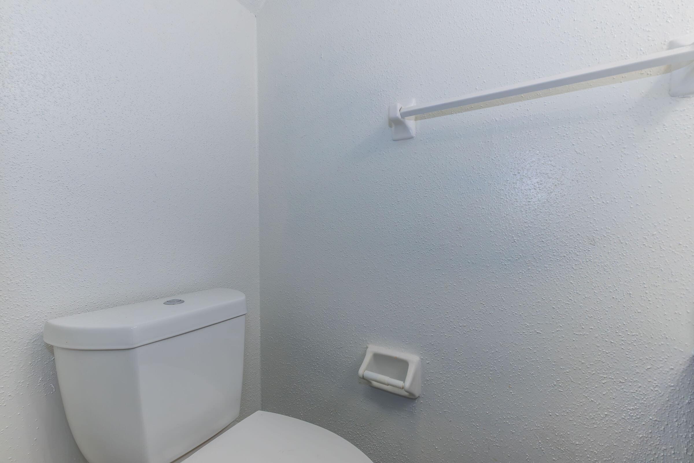 Interior of a small bathroom featuring a white toilet and a towel rack mounted on the wall. The walls are painted in a light color with a textured finish, and there is a small toilet paper holder beside the toilet. The overall space is simple and minimalistic.