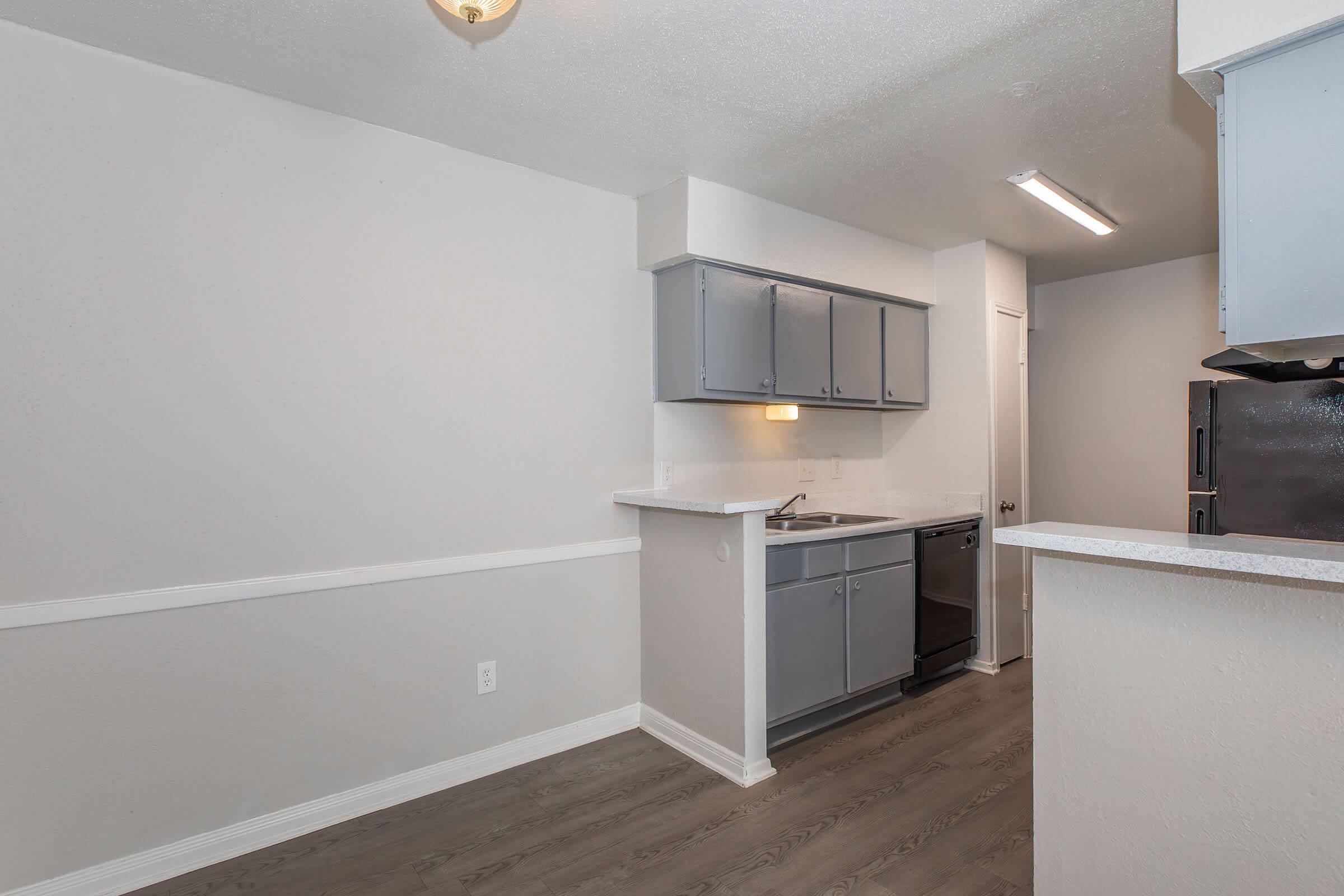 A modern kitchen featuring gray cabinets, a stainless steel sink, a dishwasher, and a black refrigerator. The walls are painted in a light shade, and there is a contrasting dark laminate floor. Natural lighting from a ceiling fixture enhances the spacious feel of the area.