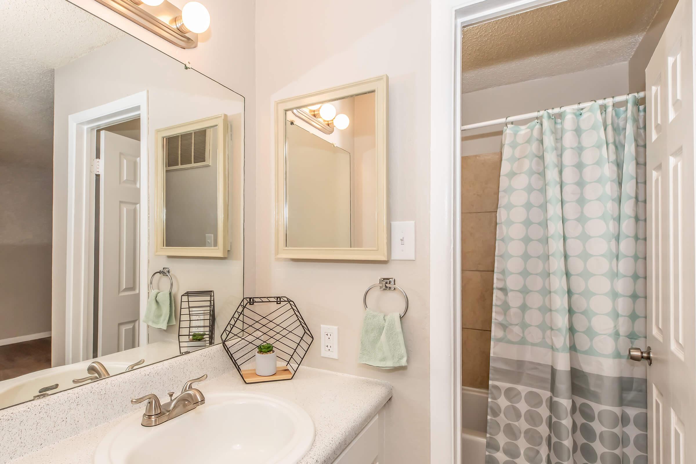 A modern bathroom featuring a sink with a large mirror above it, a decorative plant on the countertop, and a shower area with a light-colored curtain adorned with polka dots. The walls are painted in neutral tones, and there are doors leading to another room, creating a spacious feel.
