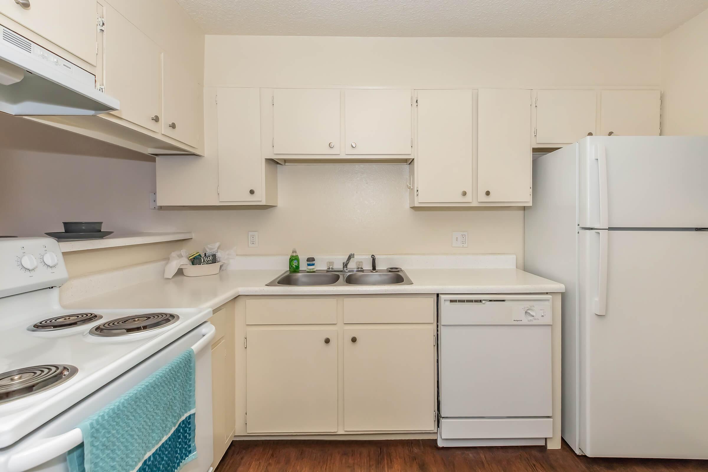 A small, clean kitchen with light-colored cabinets, a white refrigerator, and a white dishwasher. There are dual sinks with a dish soap bottle, an electric stove with three burners, and a countertop. The flooring is a dark wood laminate, giving a warm contrast to the light cabinetry.