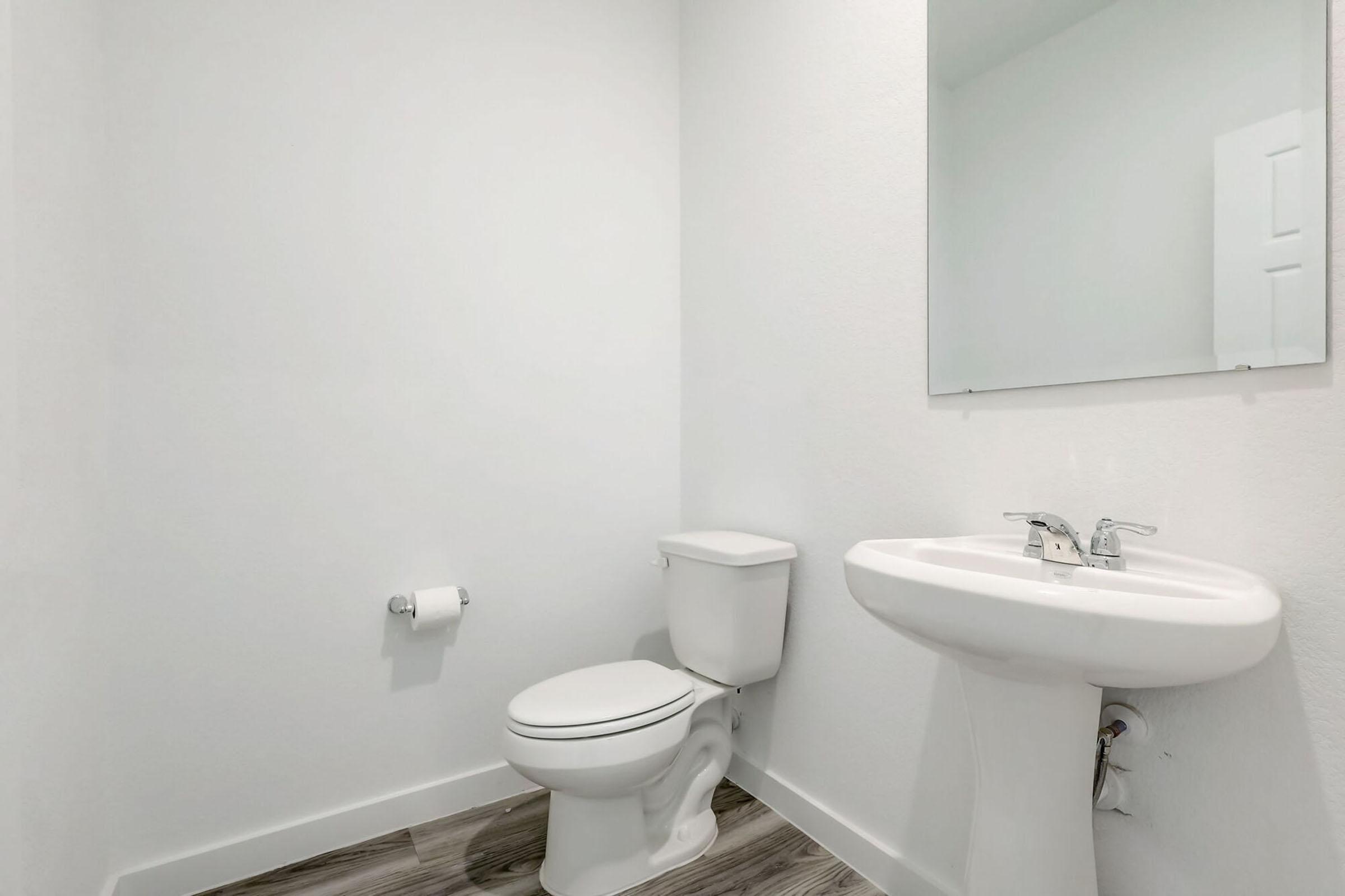 A clean, modern bathroom featuring a white toilet and a pedestal sink. The walls are painted in a light color, and the floor has a wood-like finish. A rectangular mirror hangs above the sink, and a toilet paper roll is mounted on the wall, creating a minimalist and tidy appearance.