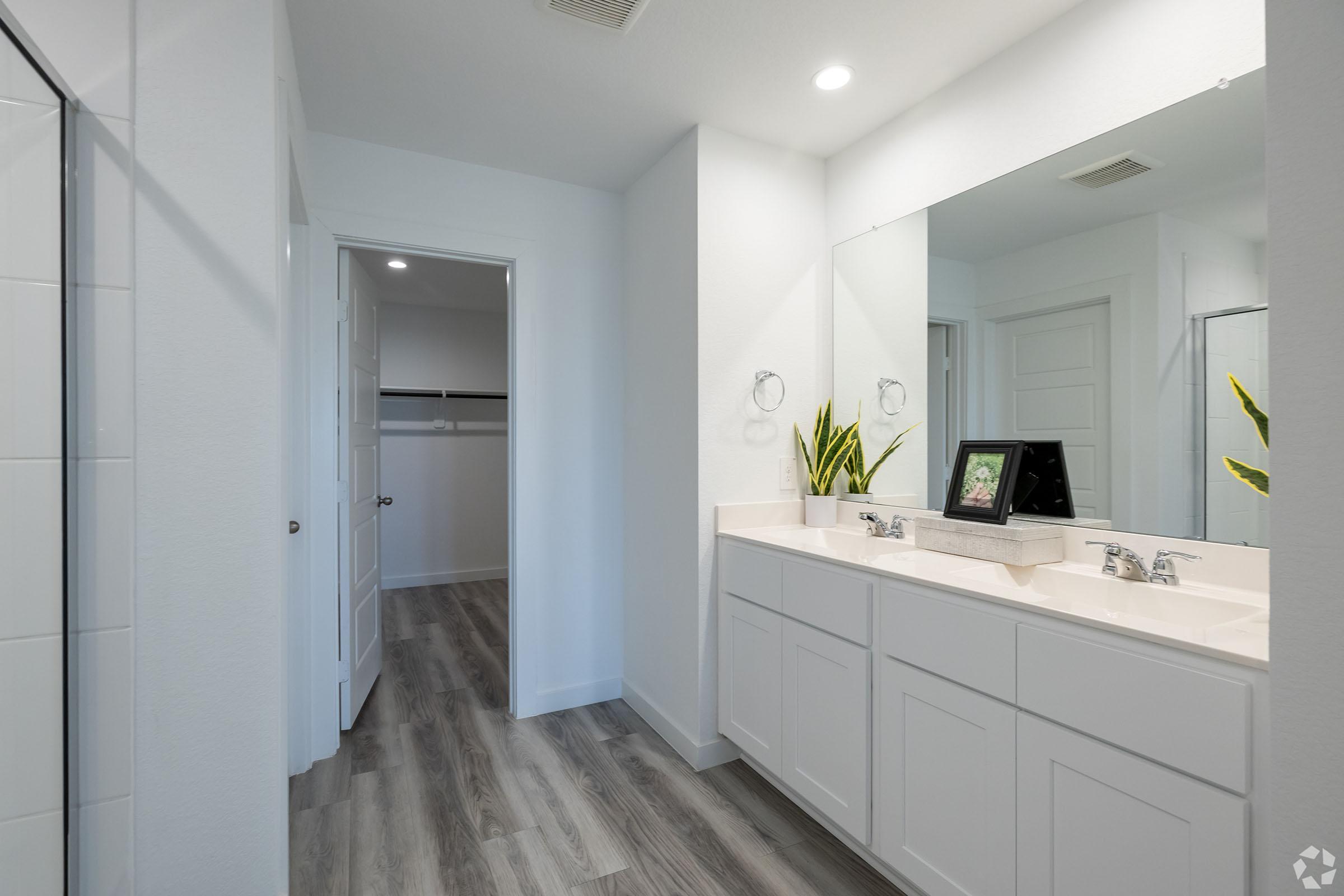 A modern bathroom featuring double sinks with a minimalist design, a large mirror, and light-colored cabinetry. The space includes grey wood-like flooring and bright, natural lighting. A plant decorates the countertop, and there's an open doorway leading to a closet. White walls create a clean and airy atmosphere.