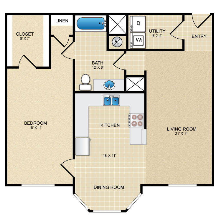 Floor plan image of 1 Bed 1 Bath