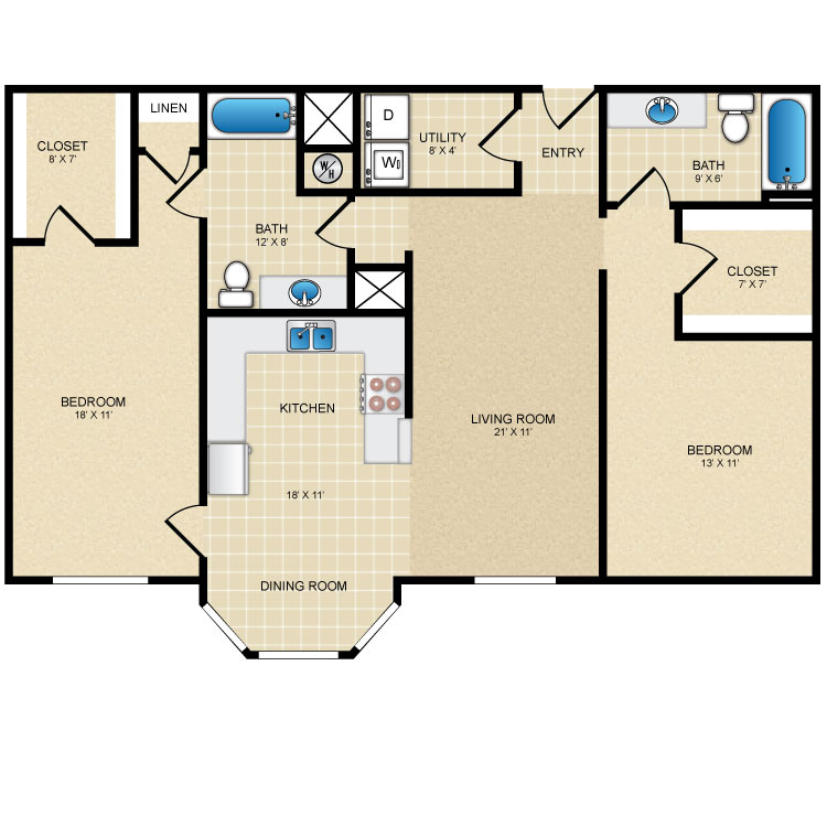 Floor plan image of 2 Bed 2 Bath