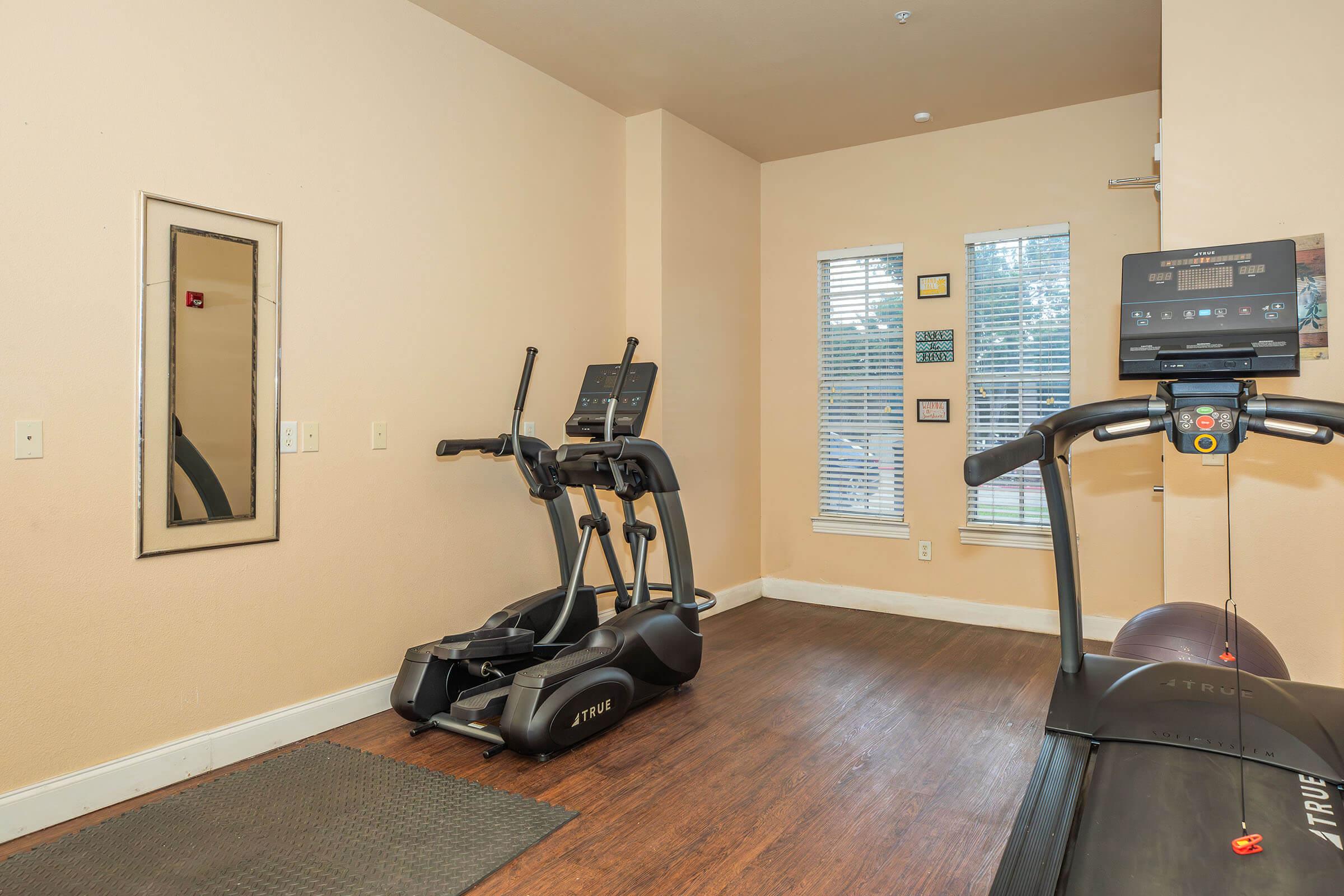 A small gym area featuring a treadmill and an elliptical machine. There is a mirror on one wall and a window allowing natural light, with minimal decor including a couple of framed items on the walls. The flooring is hardwood, providing a clean and modern workout space.