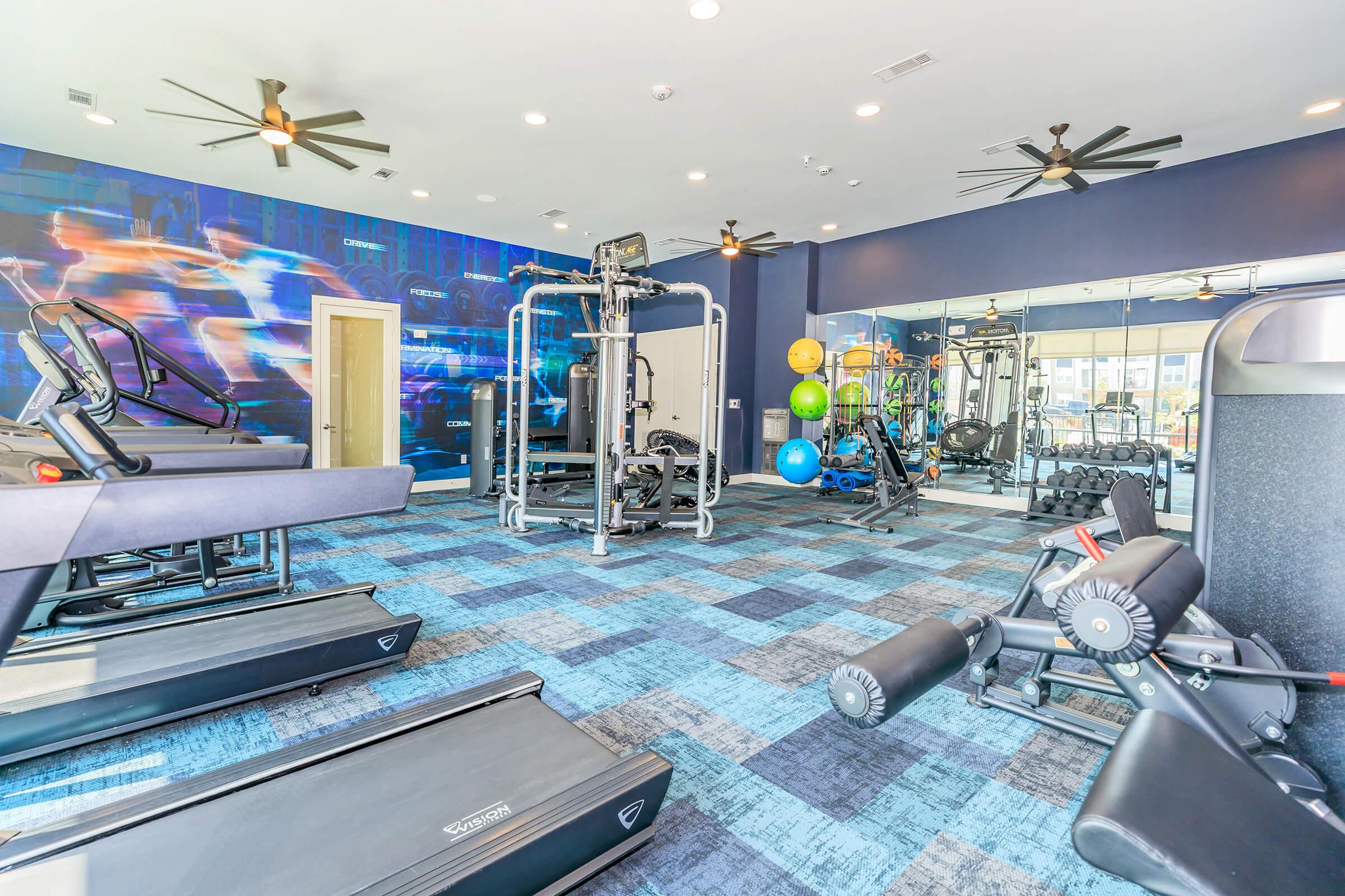 Modern gym interior featuring various exercise equipment, including treadmills, weight machines, and fitness balls. The space is brightly lit with overhead fans and has a colorful mural on one wall, creating an inviting atmosphere for workouts. The floor is carpeted with blue and teal patterns.