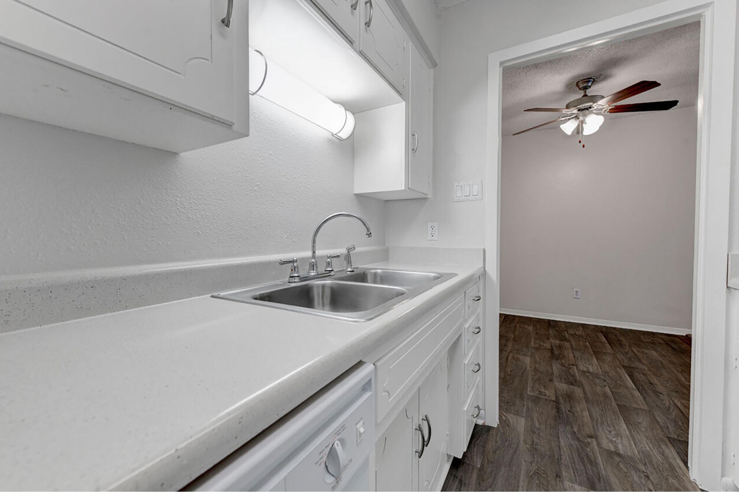 a kitchen with a sink and a mirror