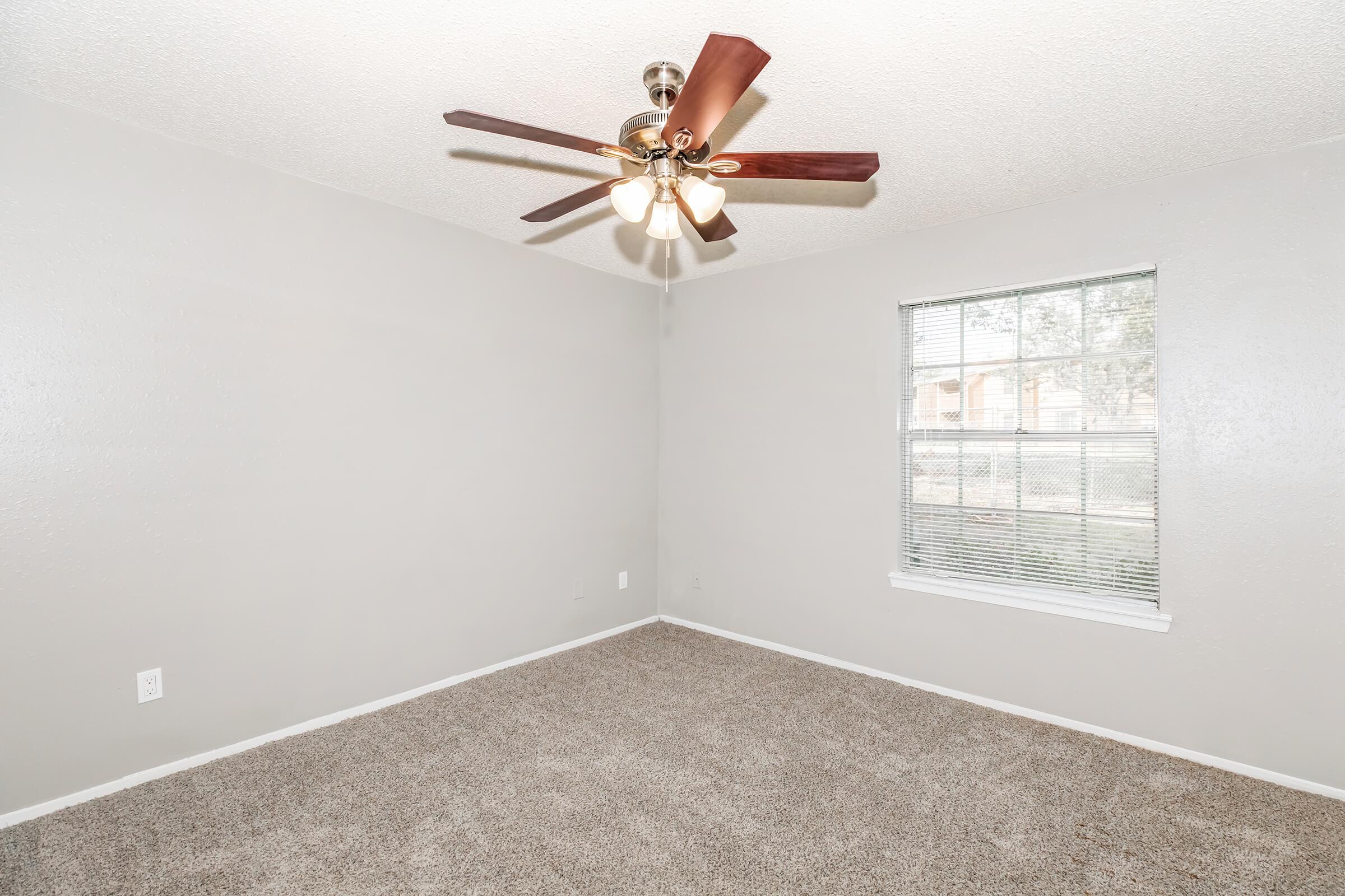 A spacious, empty room with light gray walls and a ceiling fan featuring wooden blades. There is a window with white blinds allowing natural light to enter, and the floor is covered in beige carpet, creating a cozy yet unfurnished atmosphere.