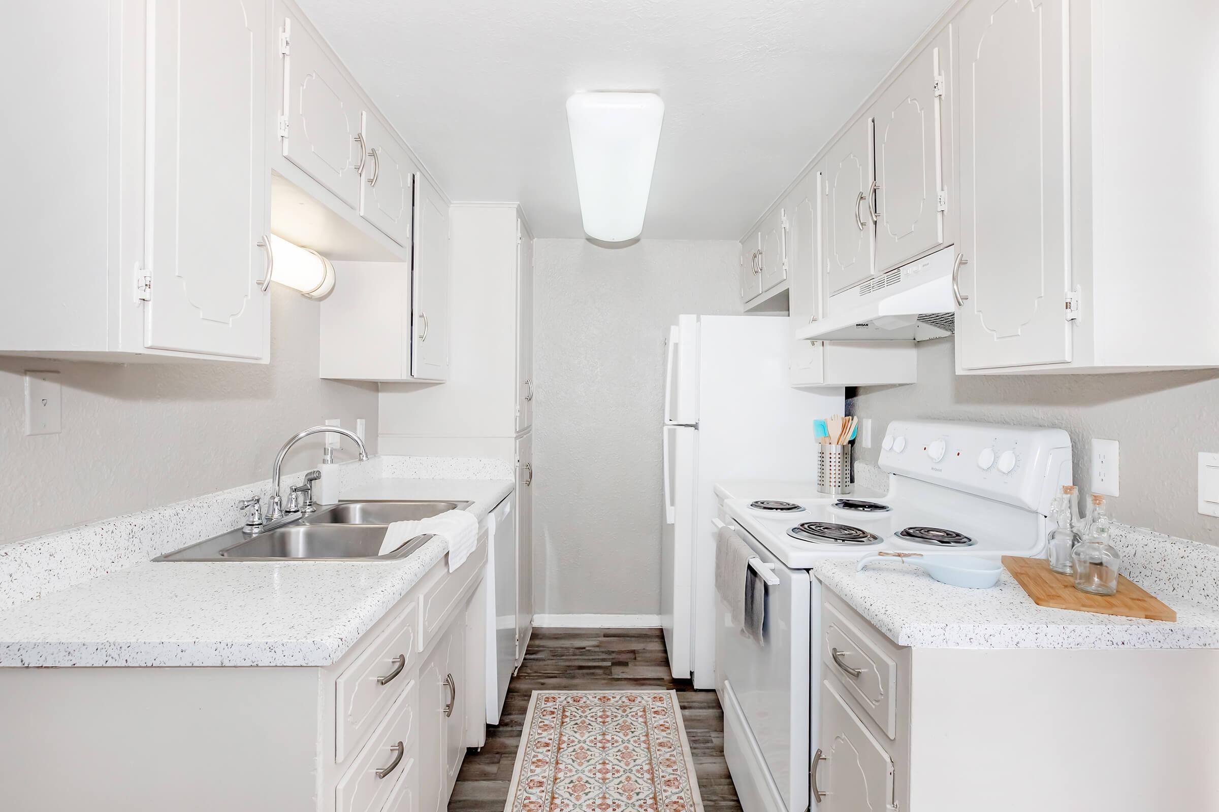 Bright, modern kitchen with white cabinets, a double sink, and a countertop. Features a stove, oven, and refrigerator. There are kitchen utensils on the countertop and a decorative rug on the floor, creating a clean and inviting atmosphere.