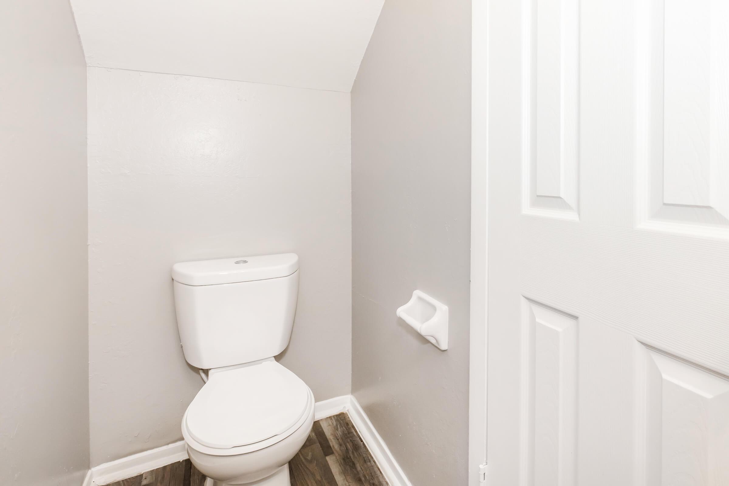 A small bathroom with a white toilet against a gray wall. The floor has dark wooden planks, and a closed door is visible on the right side of the image. A toilet paper holder is mounted on the wall next to the toilet.