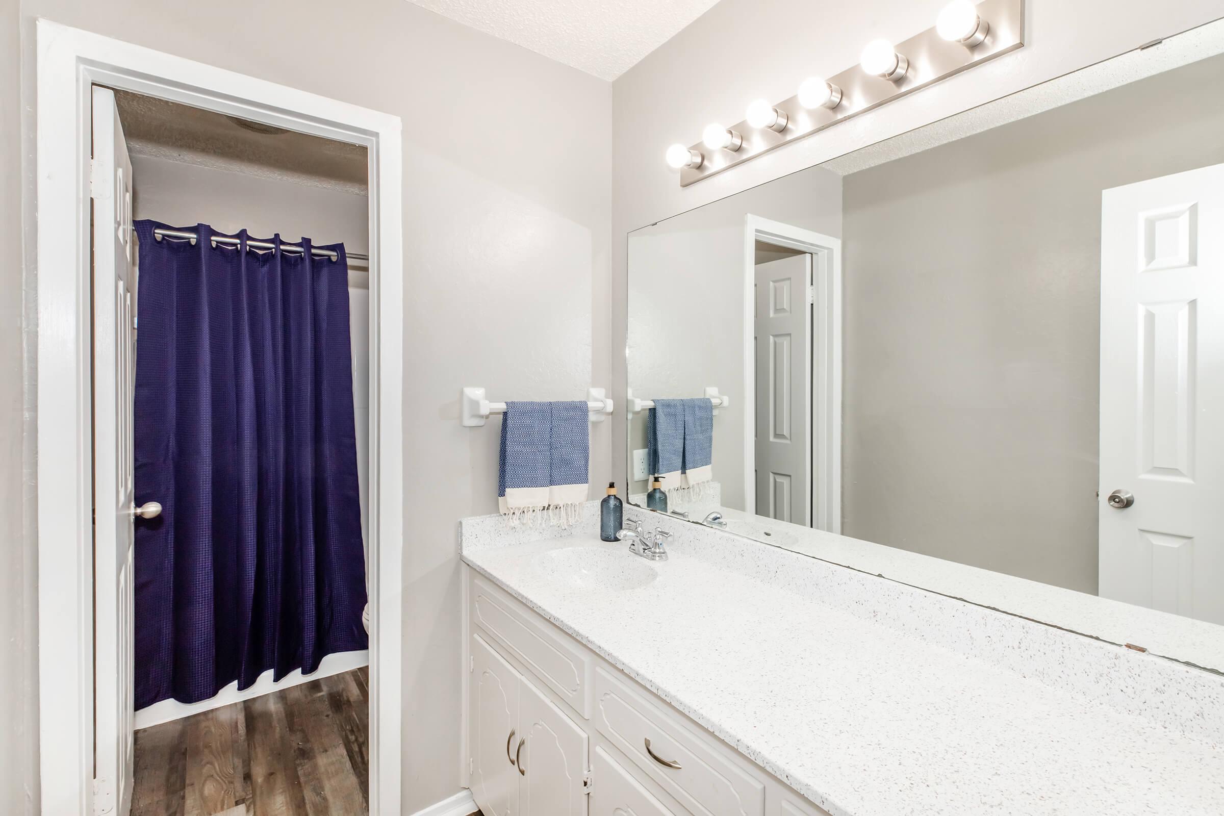 A clean and modern bathroom featuring a white countertop with a sink and mirror. A large double vanity is against the wall, while a purple shower curtain separates the shower area. The bathroom has light gray walls and a door leading to another room, enhancing its spacious feel. Bright lighting above the mirror adds warmth.