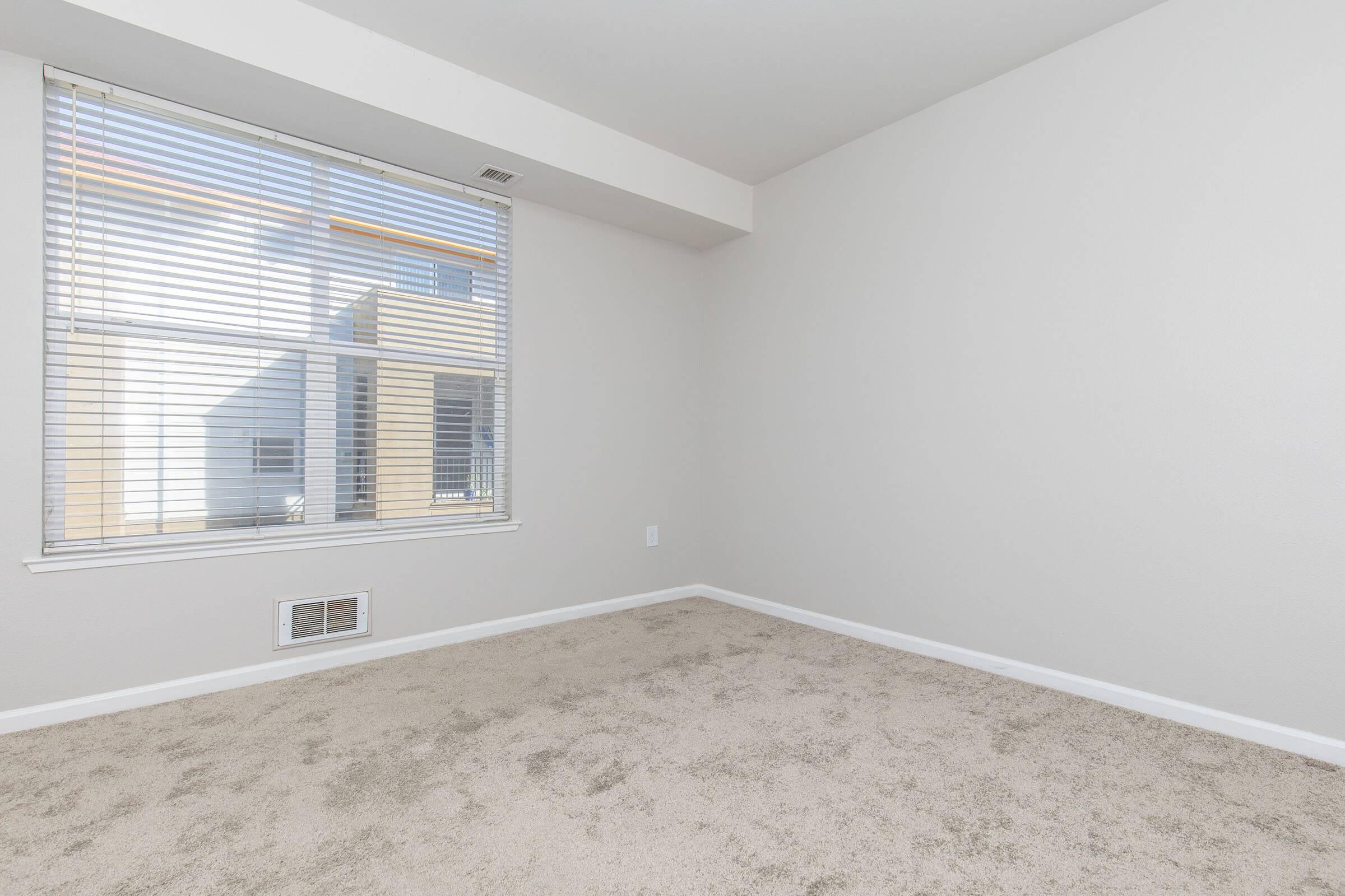 Empty room with light beige carpet and white walls. A large window with blinds allows natural light to enter, revealing a view of a building outside. The space appears clean and unfurnished, creating an open and airy atmosphere.