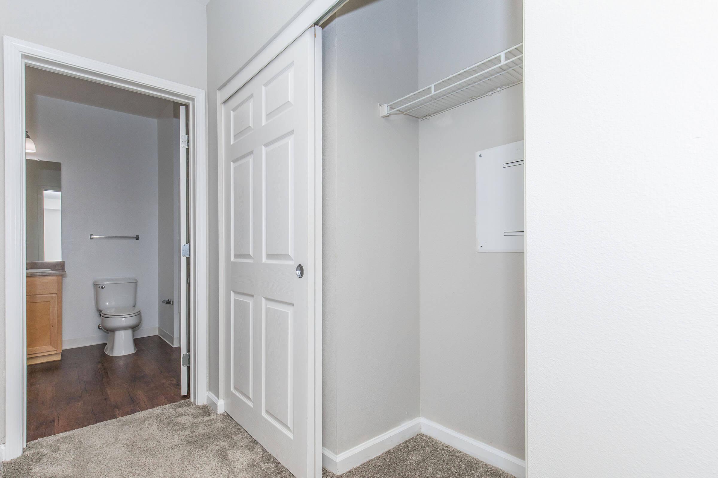 Interior view of a bathroom and closet area. The bathroom features a toilet and a wooden cabinet, while the closet has a wire shelf and sliding doors. The walls are painted in a light color, and the flooring is carpeted. Natural light enters from an unseen window.