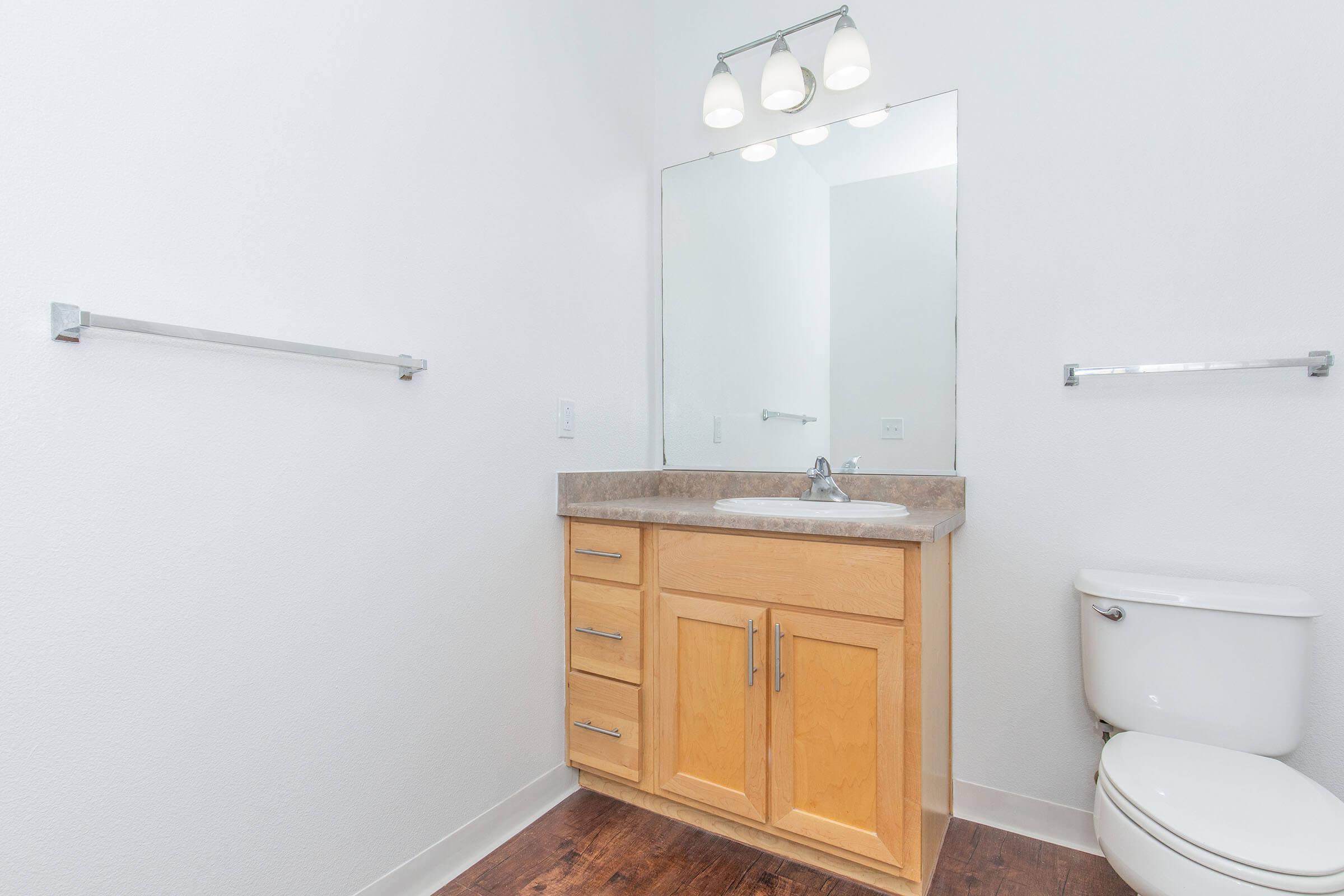 A modern, minimalist bathroom featuring a wooden vanity with a sink, a large mirror above the sink, and three light fixtures. There are two towel bars on the wall and a white toilet. The floor is made of dark wood, contrasting with the white walls and fixtures. The overall design is clean and contemporary.