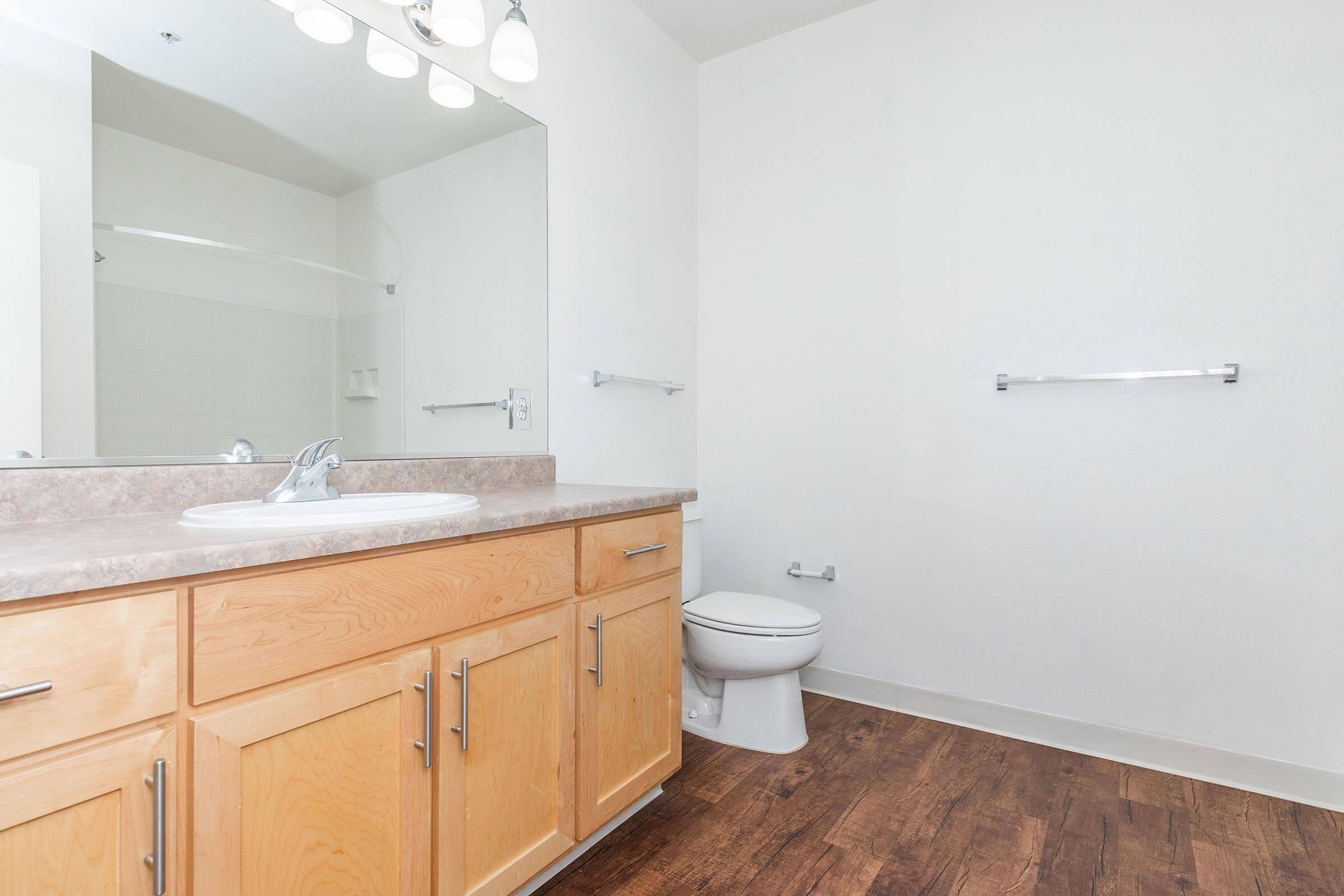 A clean and modern bathroom featuring a vanity with a sink, a large mirror, and a light fixture above. The flooring is wood-like, and there's a toilet against the wall. The walls are painted white, and there is a towel bar installed beside the toilet. A shower area is visible in the background.