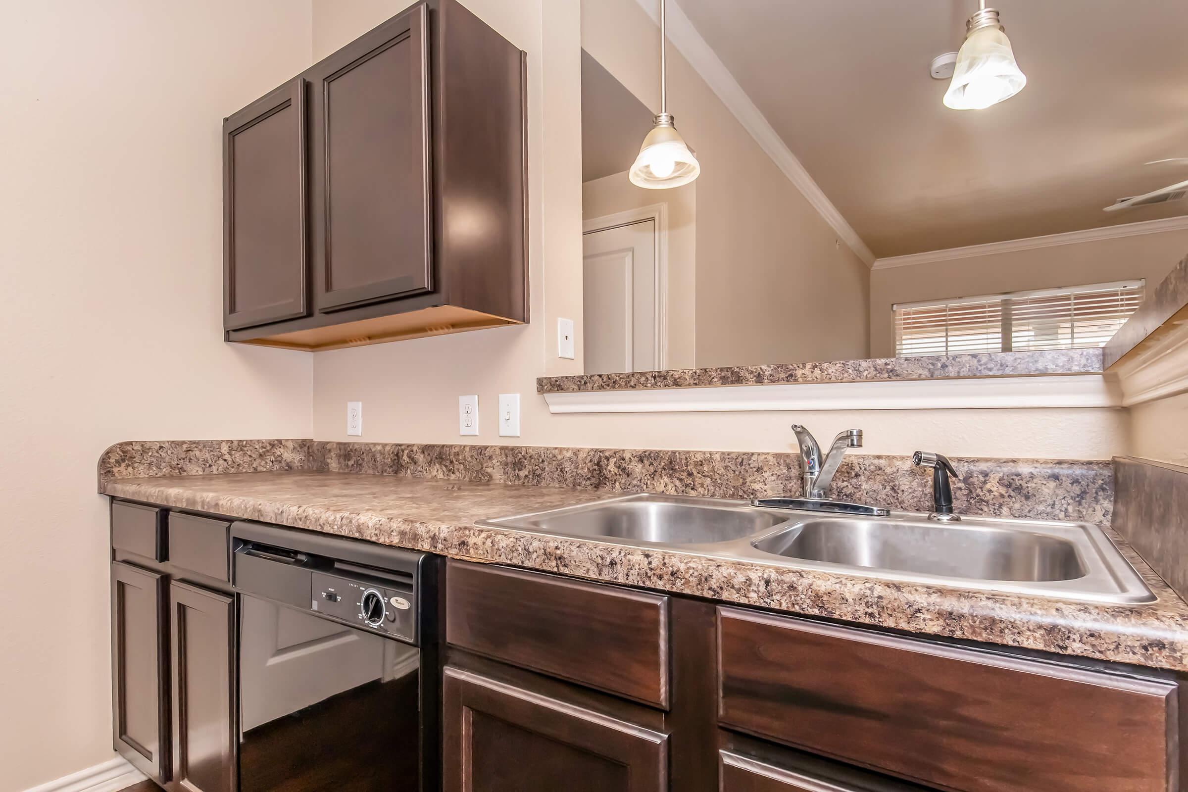 Modern kitchen featuring dark wooden cabinetry, a double-basin sink, and stainless steel appliances. The countertop has a speckled design, and there are pendant lights above. A mirror is visible in the background, reflecting a cozy and well-lit atmosphere.