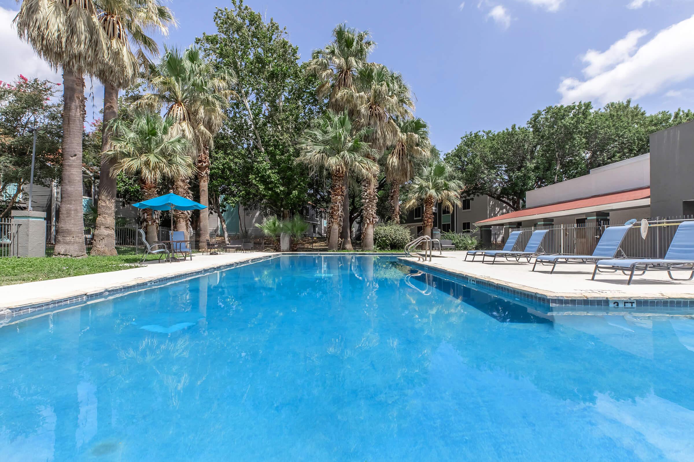 A clear swimming pool surrounded by palm trees and lounge chairs. The sun is shining, creating a bright and inviting atmosphere. In the background, there are apartment buildings and a shaded area with an umbrella. The scene suggests a relaxing outdoor space ideal for leisure and enjoyment.