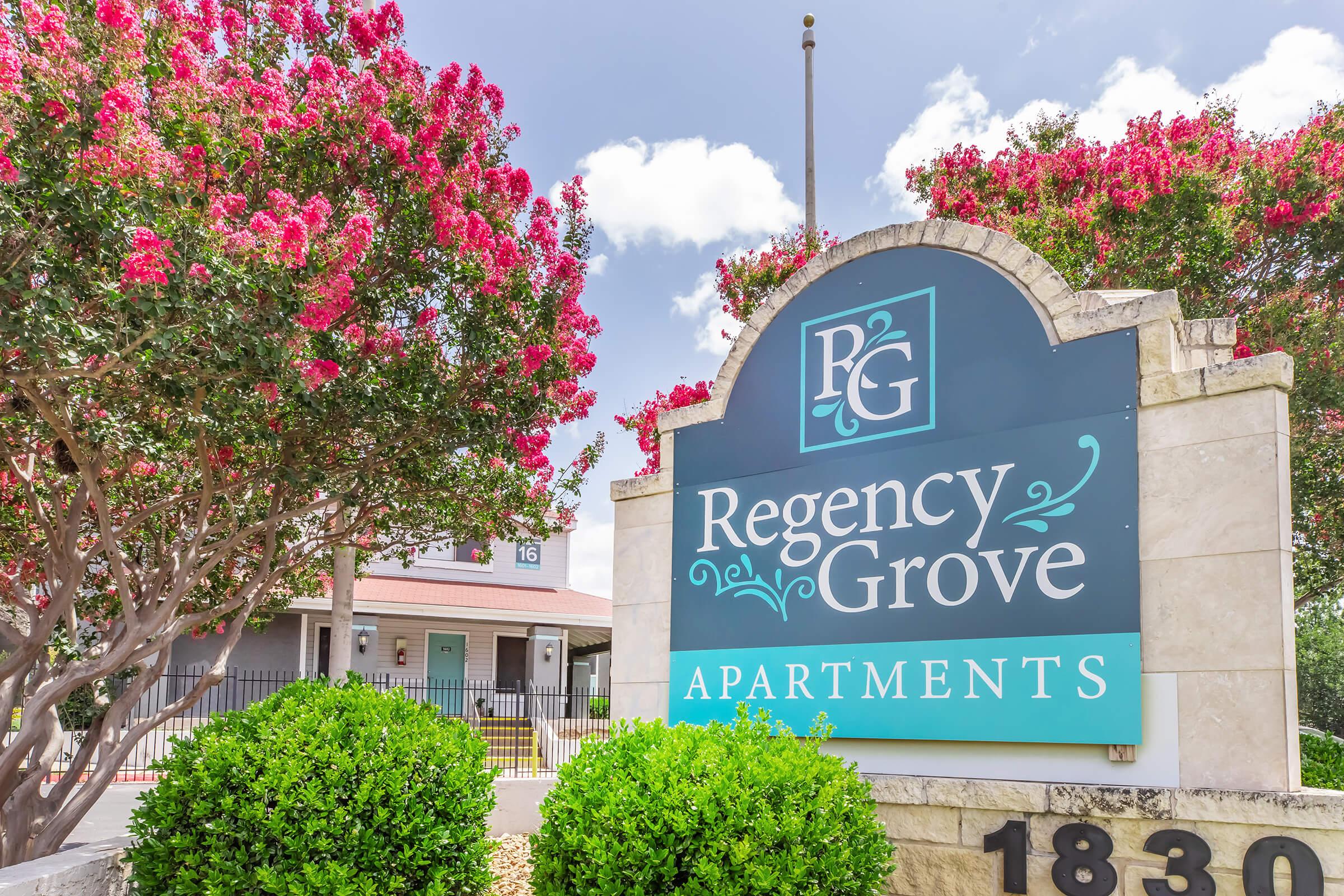 Sign for Regency Grove Apartments, featuring a blue and white design with decorative flourishes. Surrounding the sign are blooming pink flowering trees and well-maintained green shrubs, set against a bright blue sky with a few clouds. The building structure is visible in the background.