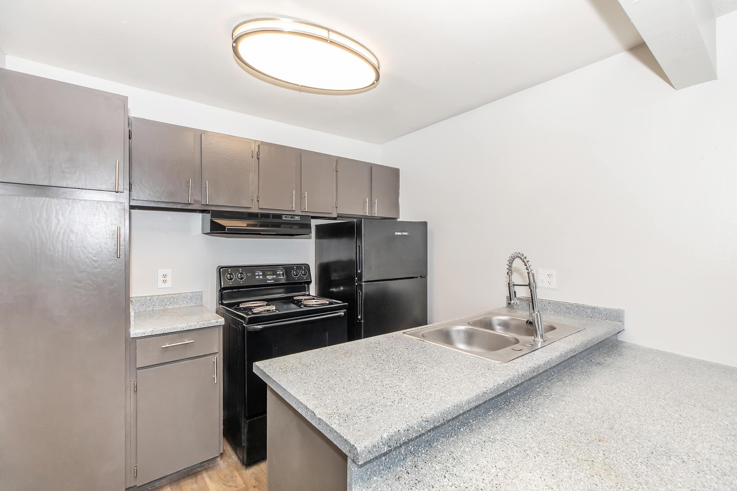 A modern kitchen featuring dark cabinetry, black appliances including an oven and refrigerator, and a double basin sink. The countertop is made of speckled gray material, and a circular light fixture hangs from the ceiling, adding brightness to the space. 