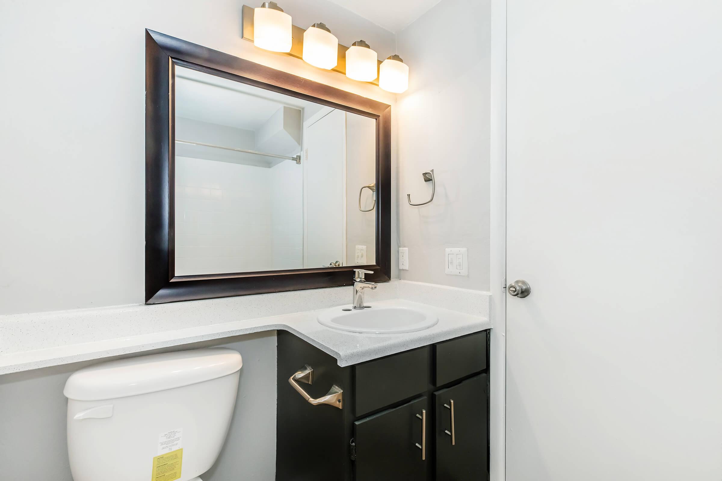 a restroom with a sink and a mirror