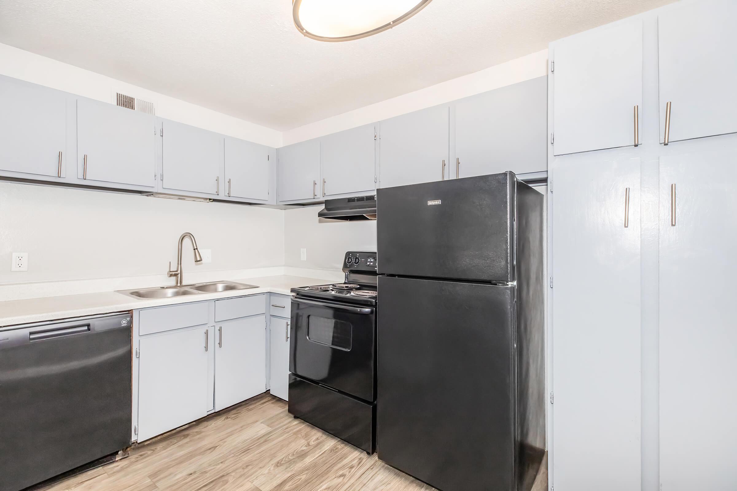 A modern kitchen featuring light blue cabinets, a black refrigerator, and a black stove. The countertop is light, and there is a stainless steel sink. The flooring is a faux-wood laminate, and the space is well-lit with a ceiling light fixture.
